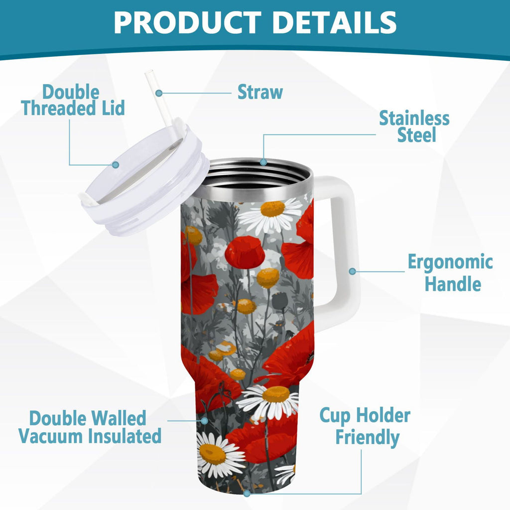40 oz Insulated Stainless Steel Tumbler Double Wall Stainless Steel Tumbler with 2-Way Drinking Red Flowers and Daisies - RBEA