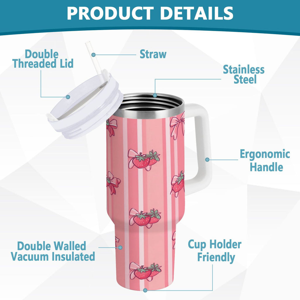 30 oz Insulated Stainless Steel Tumbler Double Wall Stainless Steel Tumbler with 2-Way Drinking Pink Bows and Strawberries - 7C3S