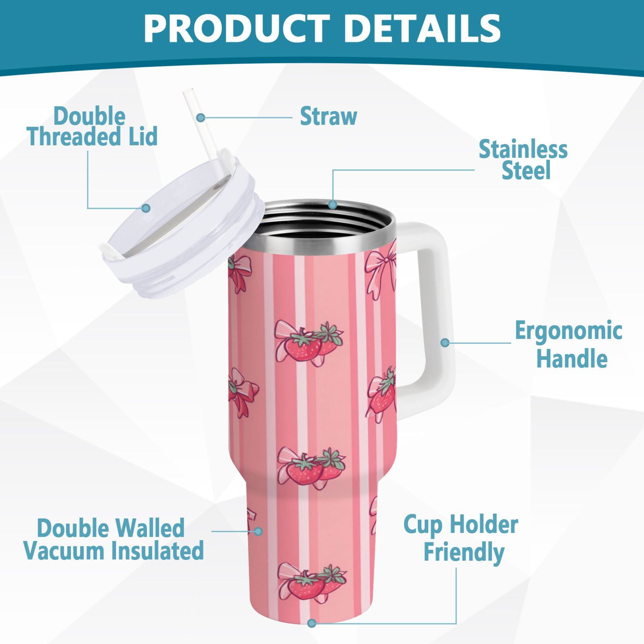 30 oz Insulated Stainless Steel Tumbler Double Wall Stainless Steel Tumbler with 2-Way Drinking Pink Bows and Strawberries - 7C3S