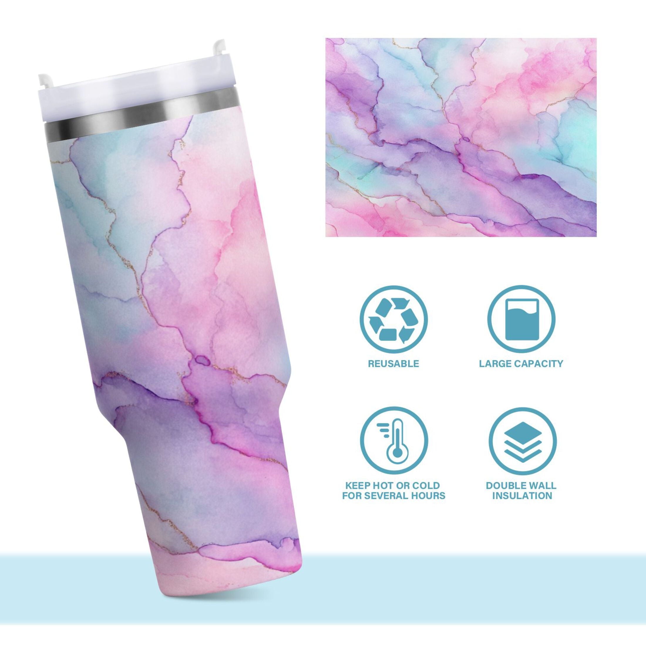 30 oz Insulated Stainless Steel Tumbler Double Wall Stainless Steel Tumbler with 2-Way Drinking Pastel Pink Marble Texture - IXQ0
