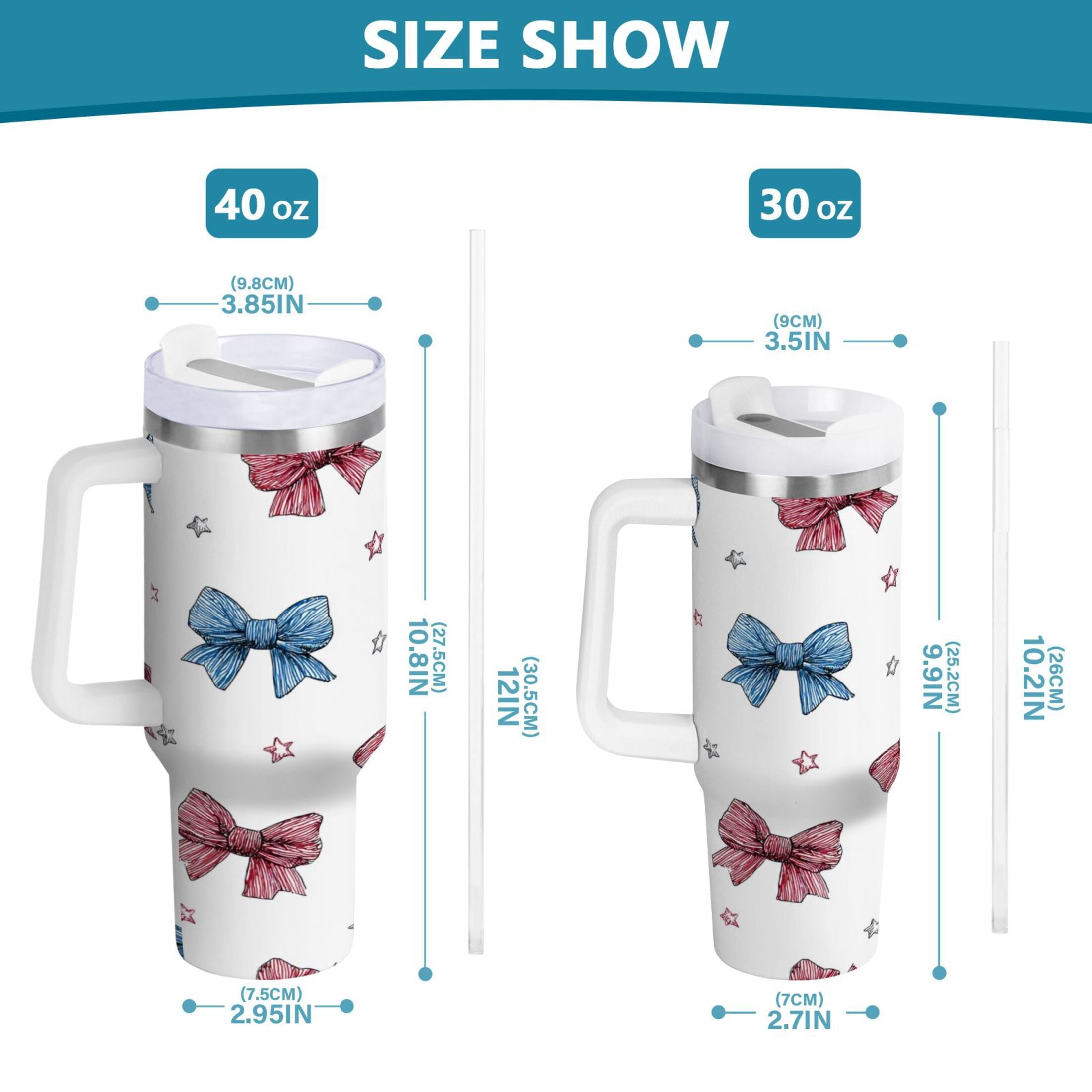 40 oz Insulated Stainless Steel Tumbler Double Wall Stainless Steel Tumbler with 2-Way Drinking Red and Blue Stripes Bows - DNYA