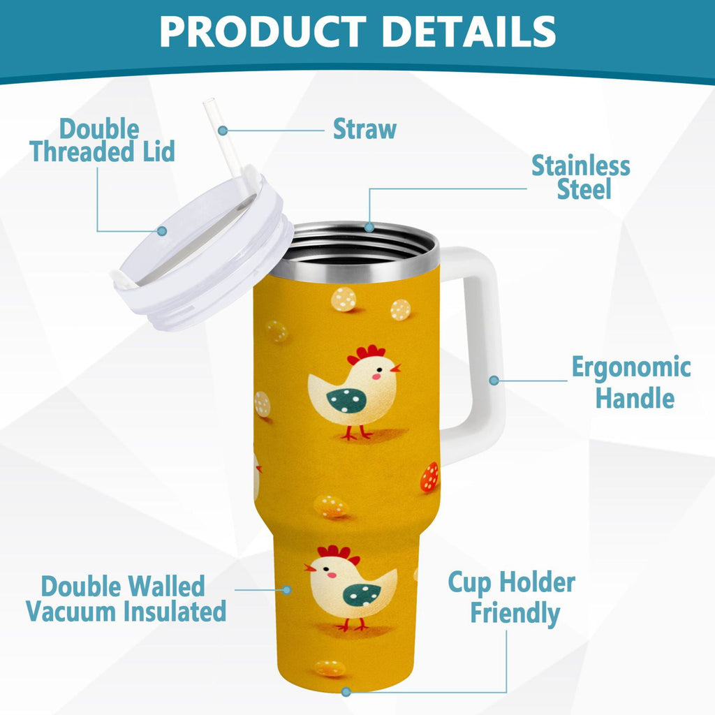 30 oz Insulated Stainless Steel Tumbler Double Wall Stainless Steel Tumbler with 2-Way Drinking Cartoon Chickens Pattern - XI35