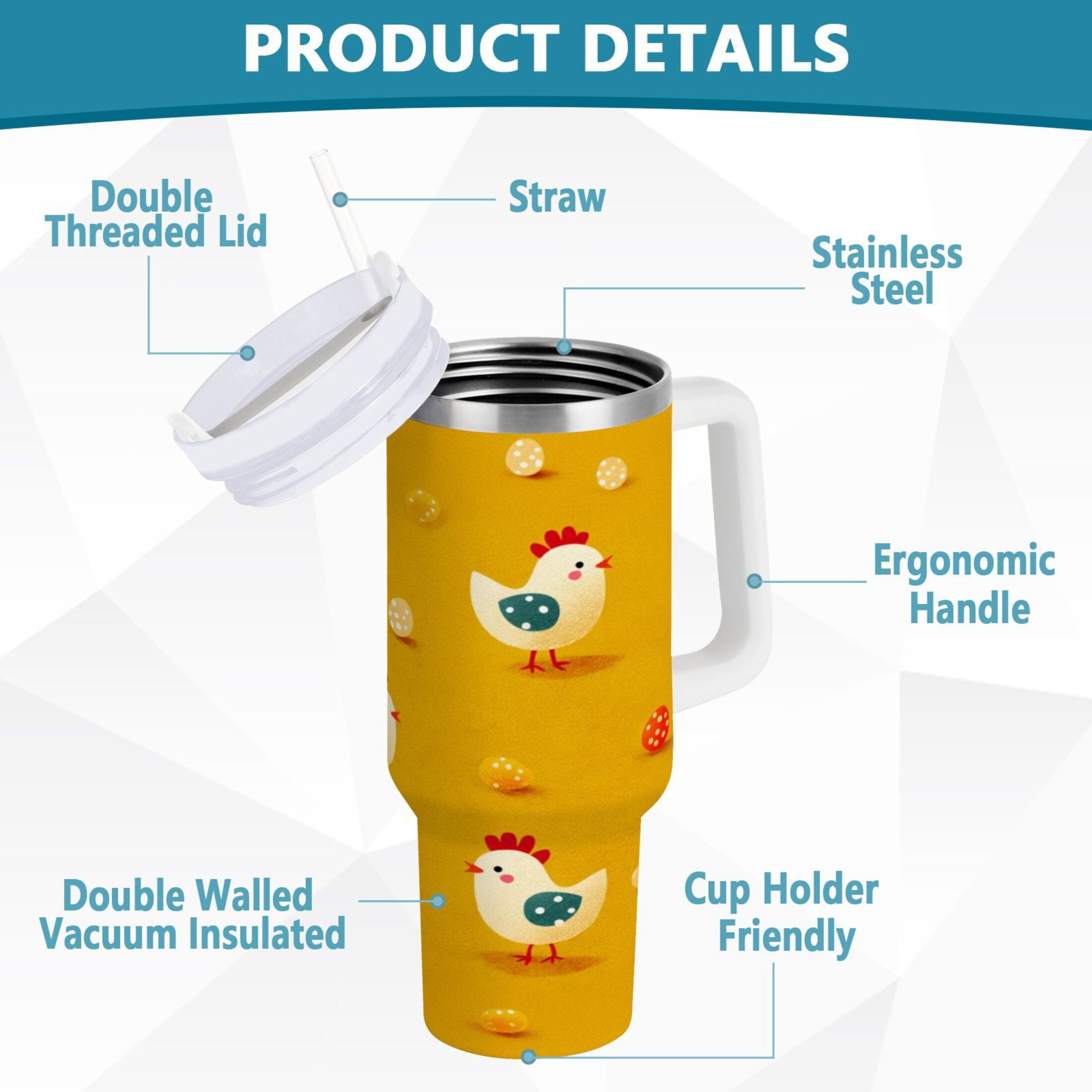 30 oz Insulated Stainless Steel Tumbler Double Wall Stainless Steel Tumbler with 2-Way Drinking Cartoon Chickens Pattern - XI35