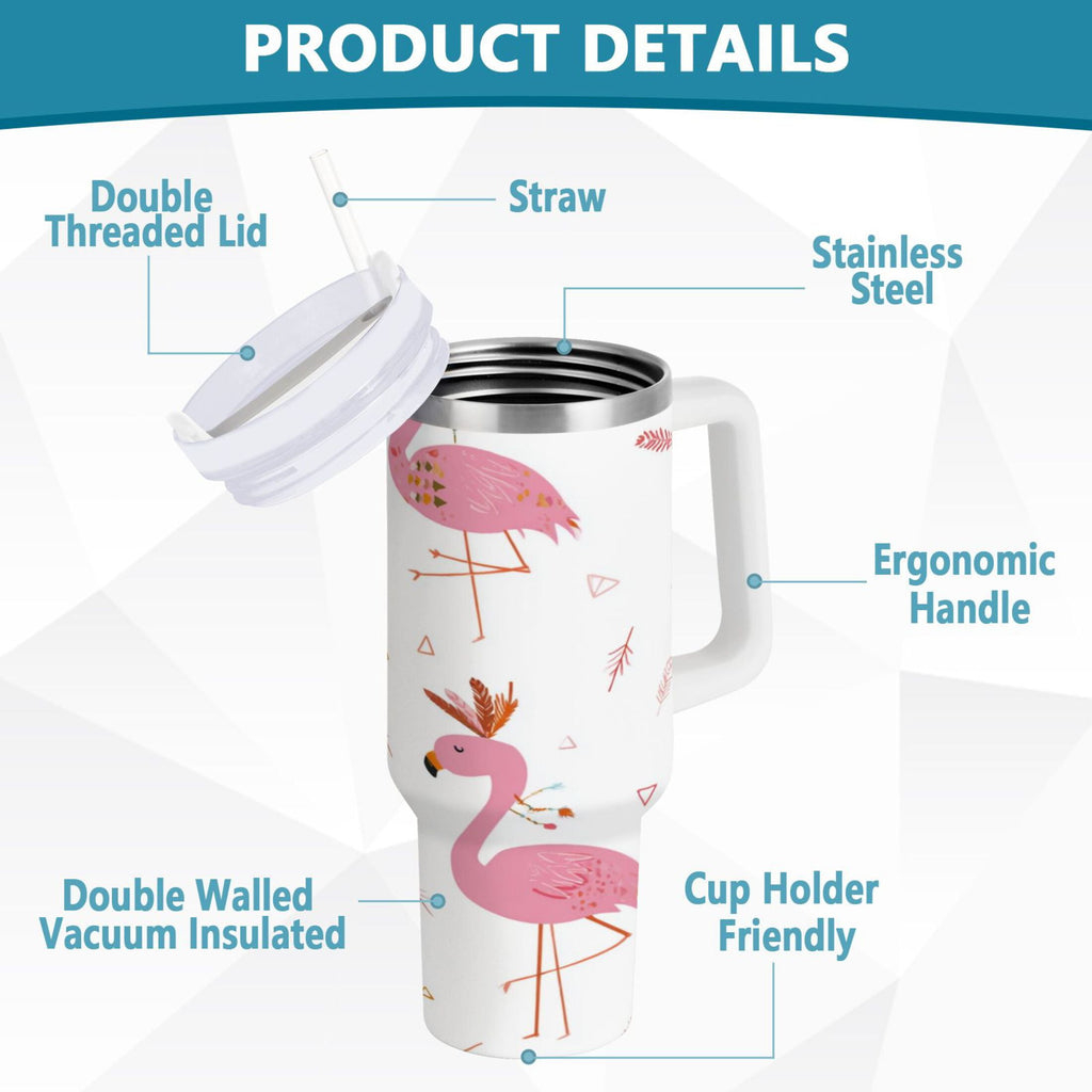 40 oz Insulated Stainless Steel Tumbler Double Wall Stainless Steel Tumbler with 2-Way Drinking Cute Pink Flamingo Pattern - PONW