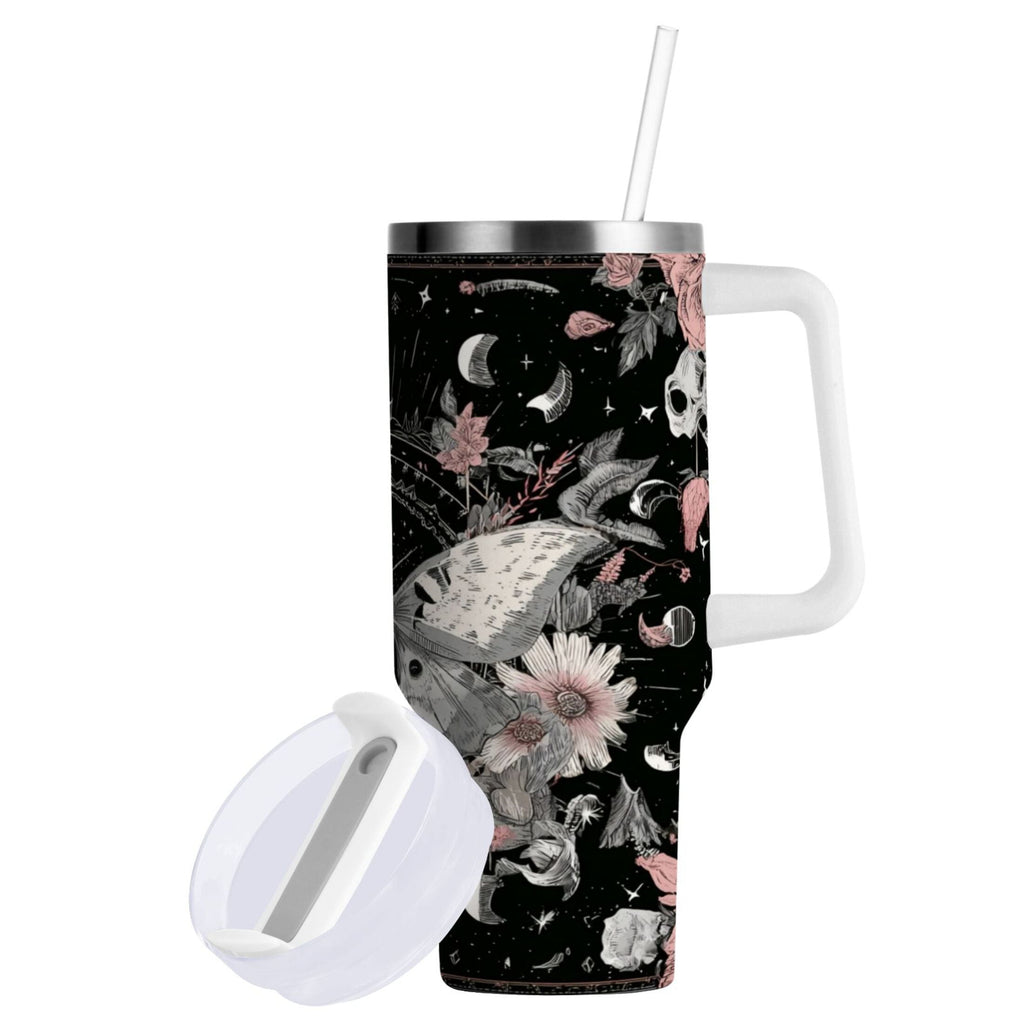 40 oz Insulated Stainless Steel Tumbler Double Wall Stainless Steel Tumbler with 2-Way Drinking Butterfly Surrounded by Flowers - A3EB
