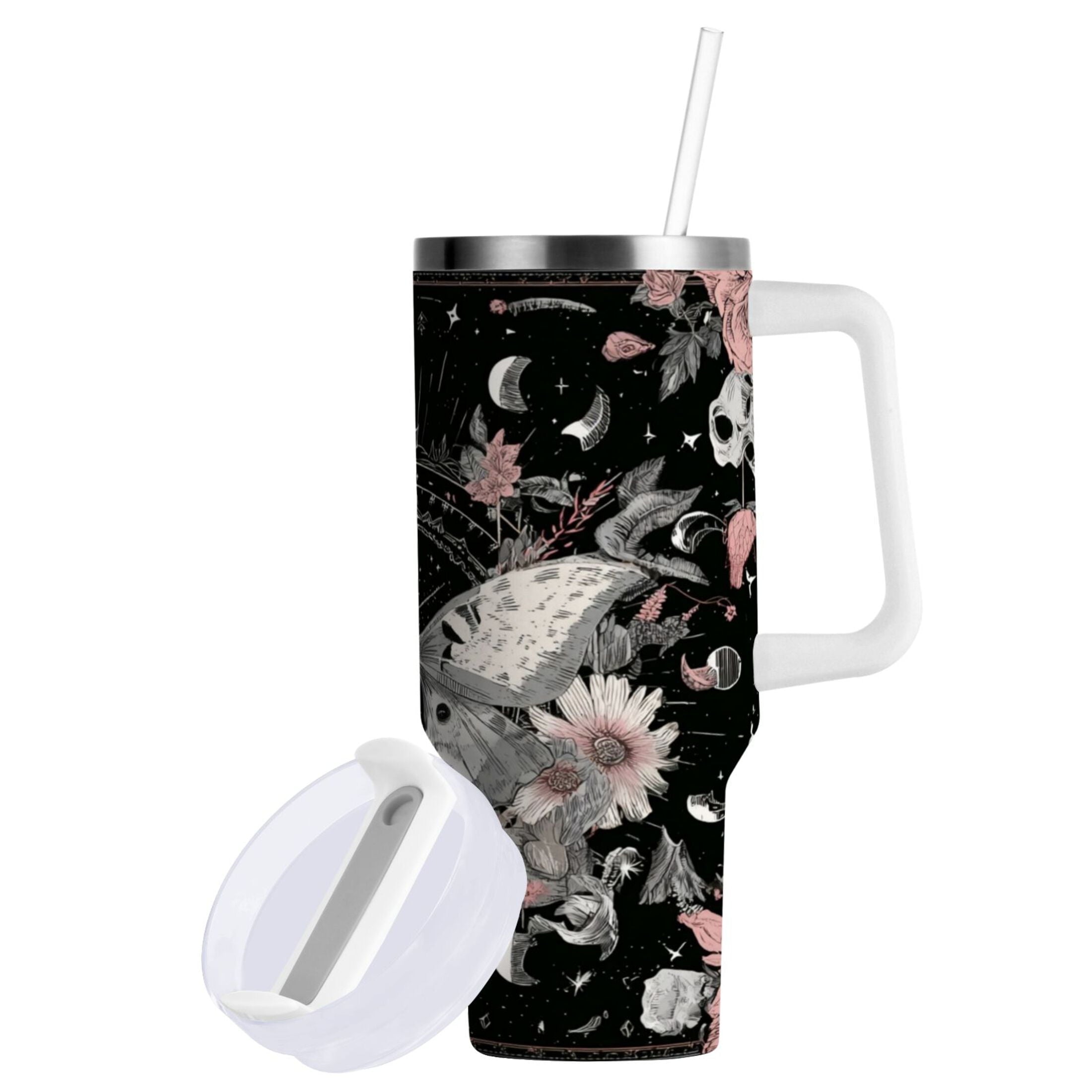 40 oz Insulated Stainless Steel Tumbler Double Wall Stainless Steel Tumbler with 2-Way Drinking Butterfly Surrounded by Flowers - A3EB