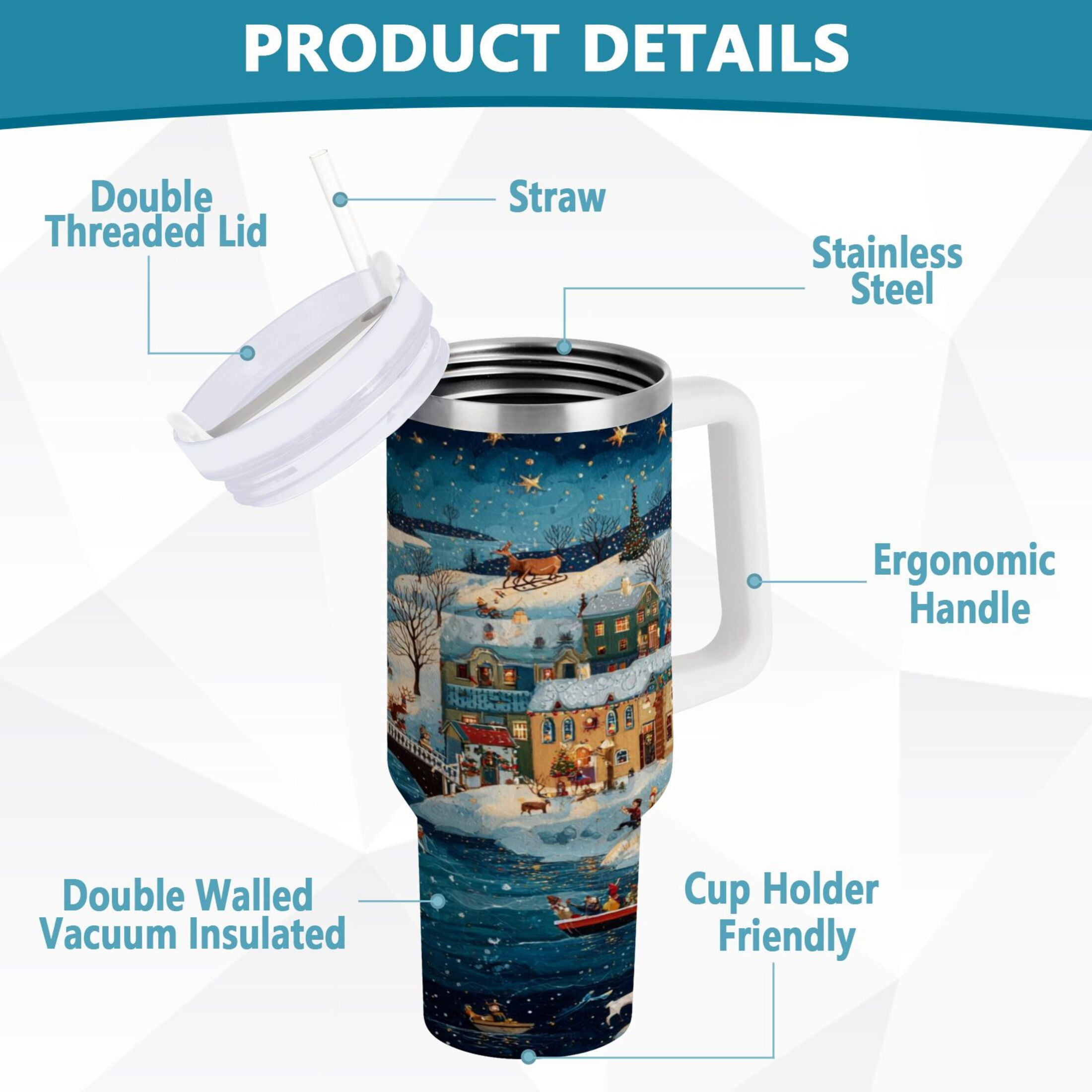 30 oz Insulated Stainless Steel Tumbler Double Wall Stainless Steel Tumbler with 2-Way Drinking Whimsical Christmas Scene - 3D9Z