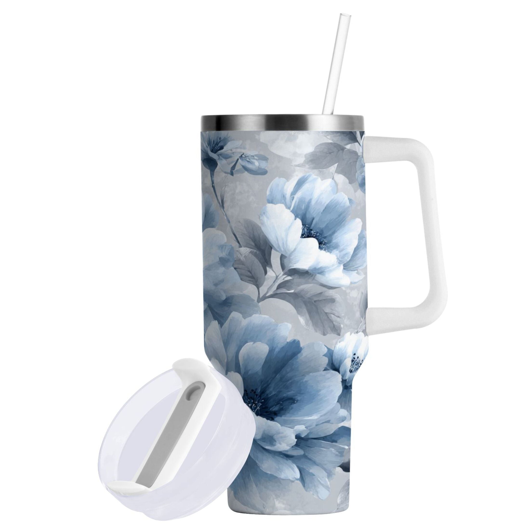 40 oz Insulated Stainless Steel Tumbler Double Wall Stainless Steel Tumbler with 2-Way Drinking White Floral Pattern - E4A2