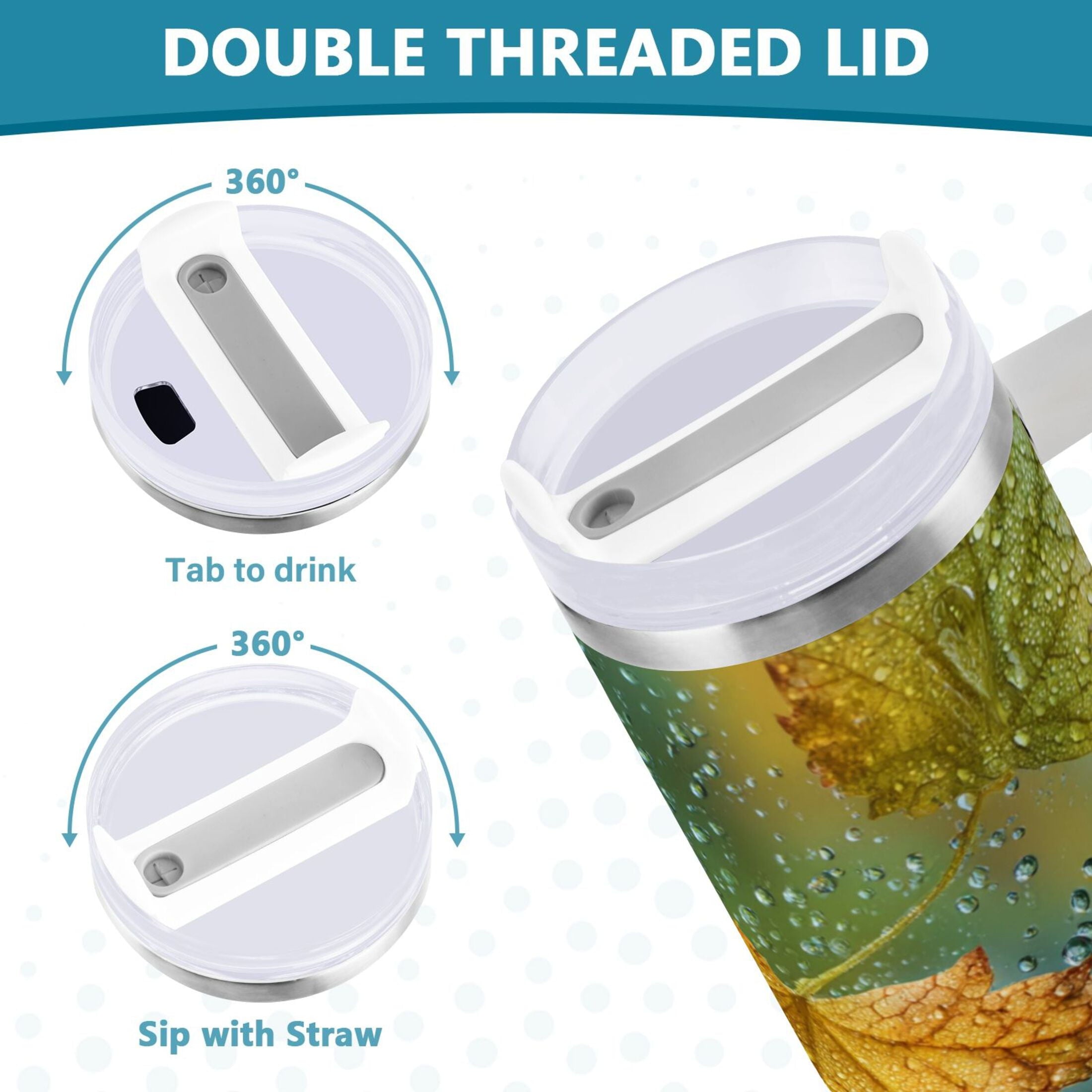 30 oz Insulated Stainless Steel Tumbler Double Wall Stainless Steel Tumbler with 2-Way Drinking Leaves with Water Droplets - 57M5