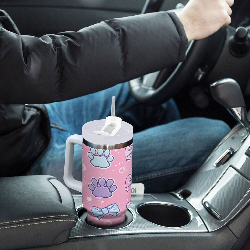 30 oz Insulated Stainless Steel Tumbler Double Wall Stainless Steel Tumbler with 2-Way Drinking Dog Paw Prints and Bows - QSKK