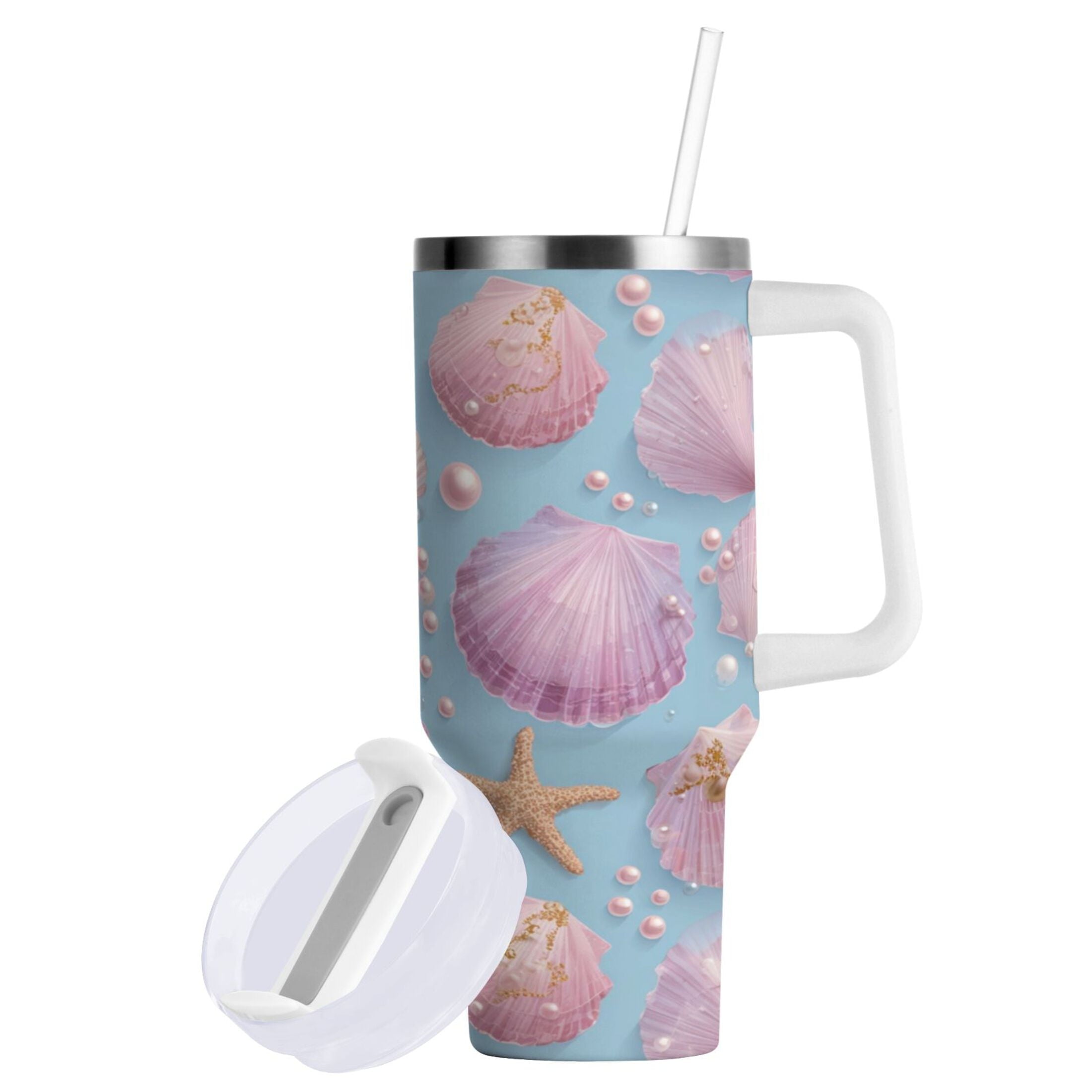 40 oz Insulated Stainless Steel Tumbler Double Wall Stainless Steel Tumbler with 2-Way Drinking Seashells and Pearls Pattern - XY5S