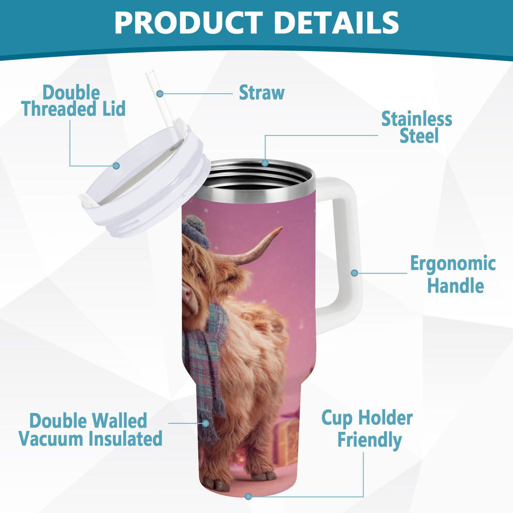 30 oz Insulated Stainless Steel Tumbler Double Wall Stainless Steel Tumbler with 2-Way Drinking Cow Wearing Christmas - UM75
