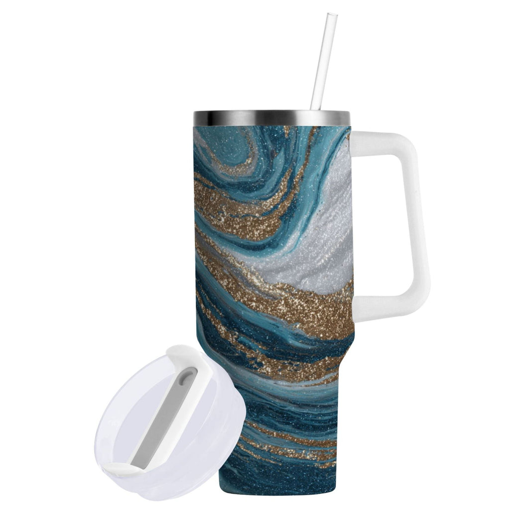 30 oz Insulated Stainless Steel Tumbler Double Wall Stainless Steel Tumbler with 2-Way Drinking Blue and Gold Swirling - 15NK
