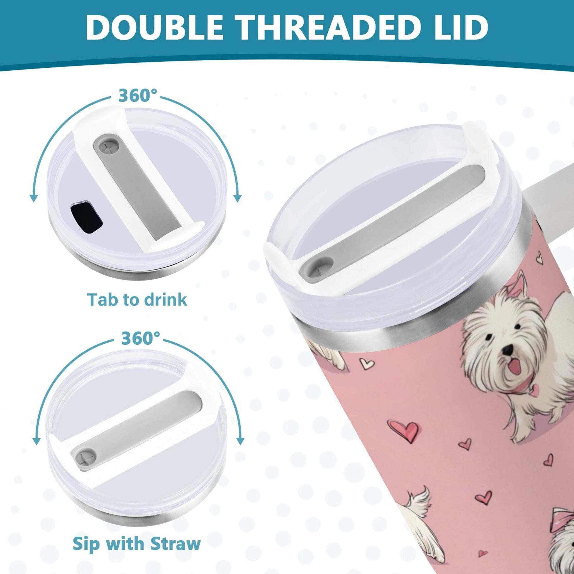 30 oz Insulated Stainless Steel Tumbler Double Wall Stainless Steel Tumbler with 2-Way Drinking Dogs Wearing Bows - IQAN