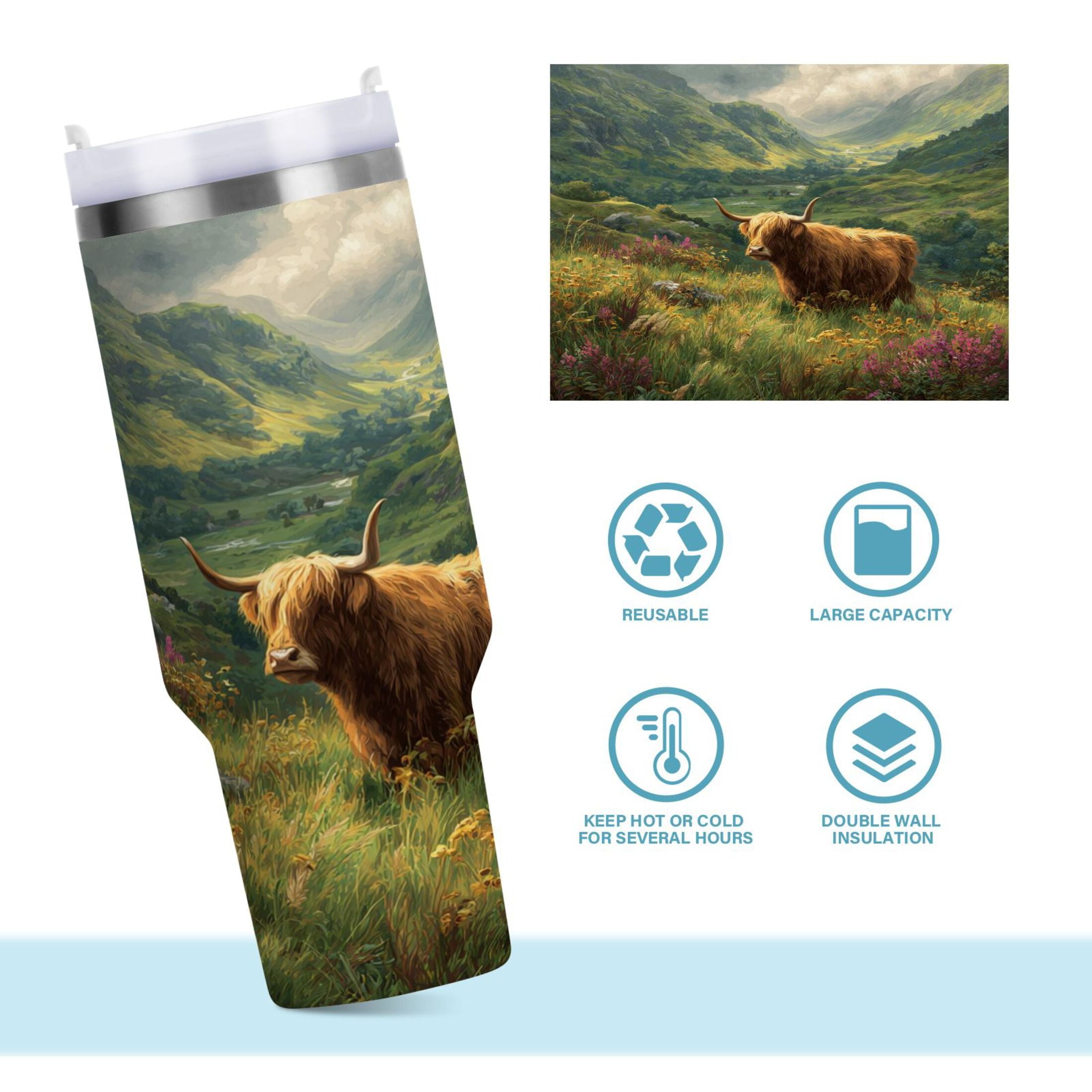 30 oz Insulated Stainless Steel Tumbler Double Wall Stainless Steel Tumbler with 2-Way Drinking Cow in Green Rolling Hills - WSHG