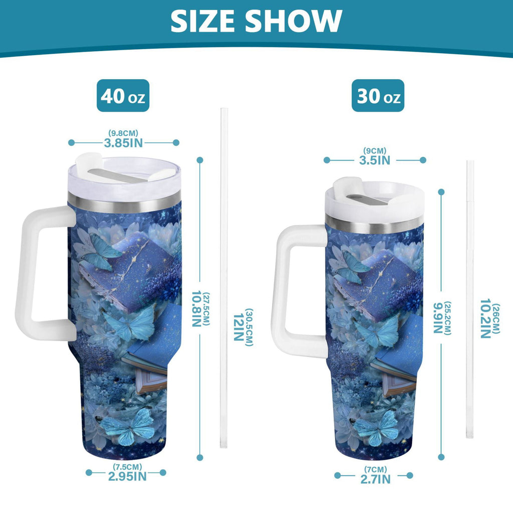 30 oz Insulated Stainless Steel Tumbler Double Wall Stainless Steel Tumbler with 2-Way Drinking Butterflies Books and Flowers - KJUM
