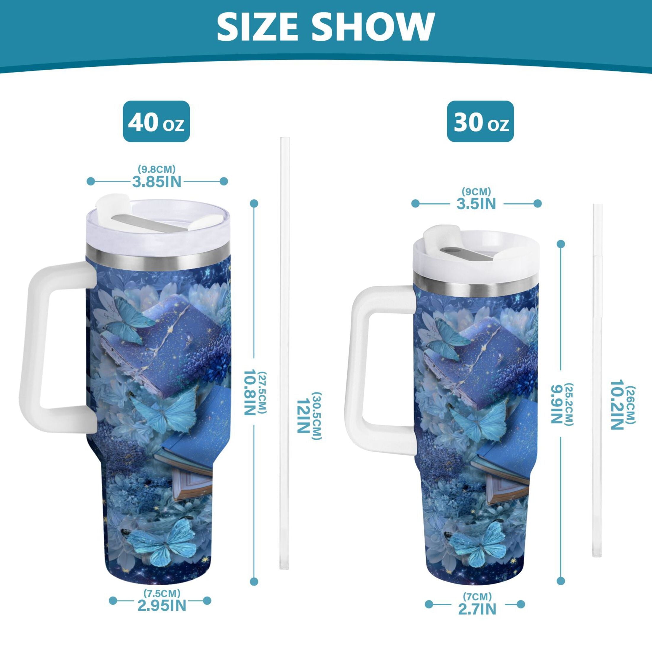 30 oz Insulated Stainless Steel Tumbler Double Wall Stainless Steel Tumbler with 2-Way Drinking Butterflies Books and Flowers - KJUM