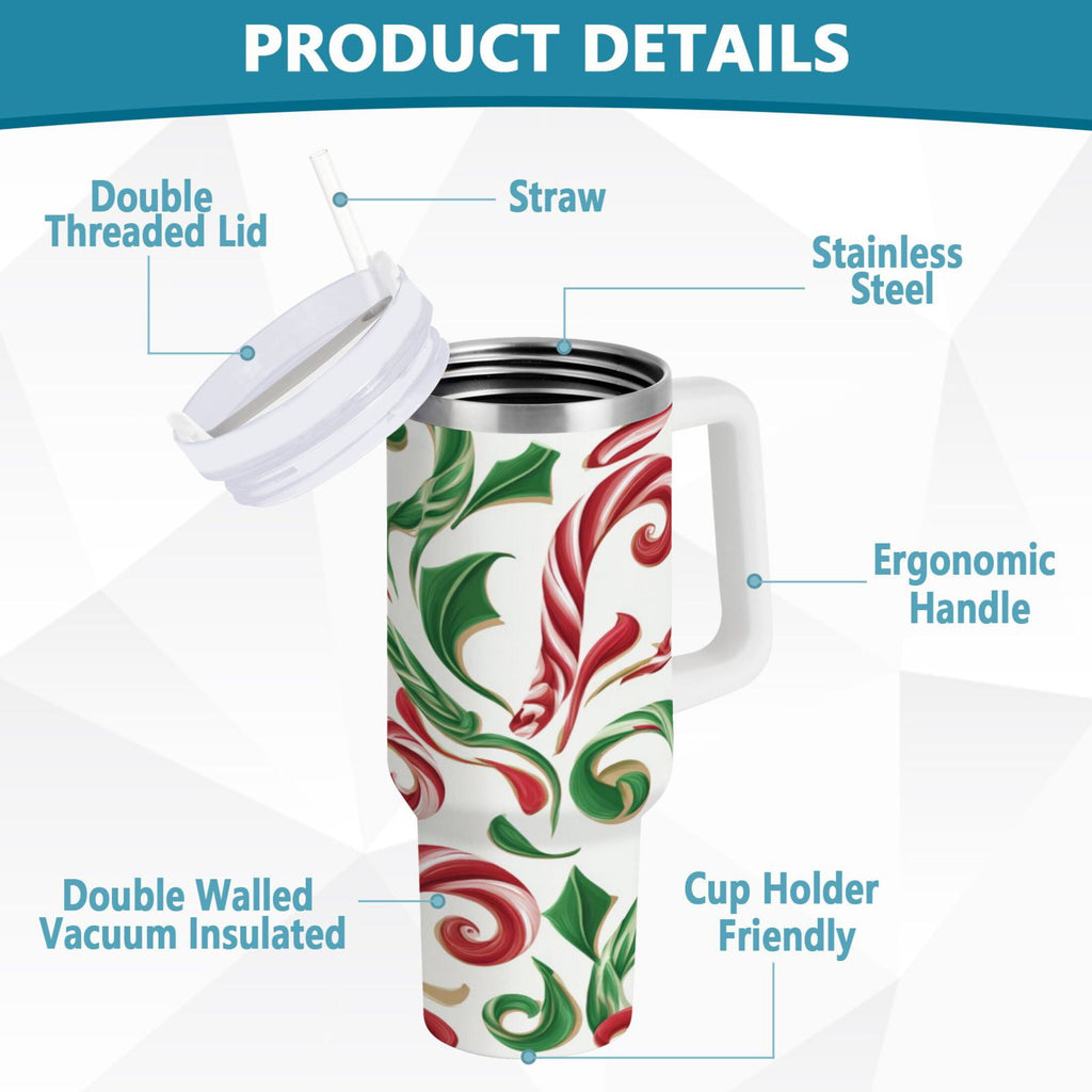 40 oz Insulated Stainless Steel Tumbler Double Wall Stainless Steel Tumbler with 2-Way Drinking Red and Green Candy-cane - BT0E