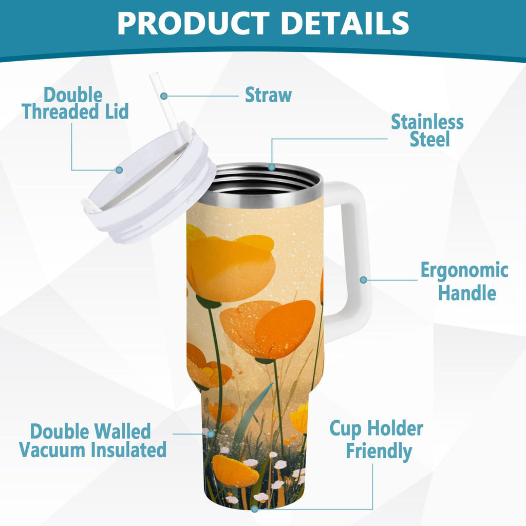 30 oz Insulated Stainless Steel Tumbler Double Wall Stainless Steel Tumbler with 2-Way Drinking Yellow Flowers on The Grass - XIHC