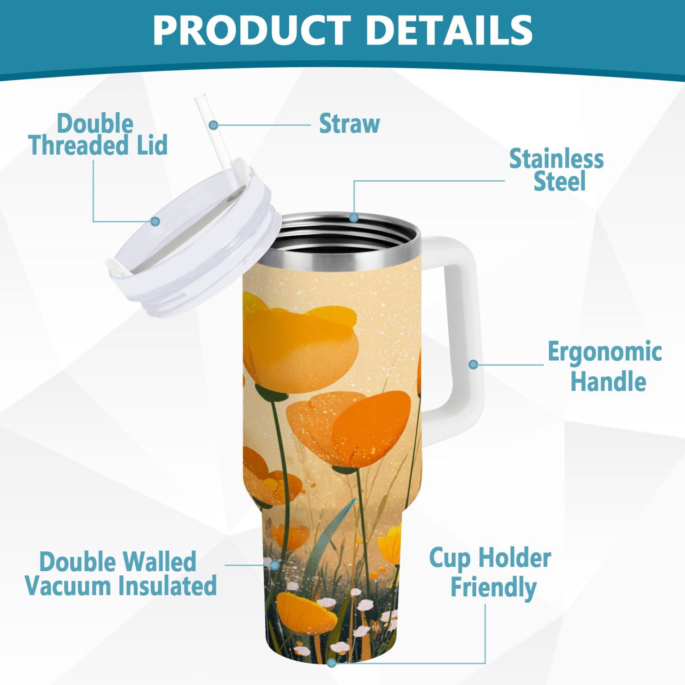 30 oz Insulated Stainless Steel Tumbler Double Wall Stainless Steel Tumbler with 2-Way Drinking Yellow Flowers on The Grass - XIHC