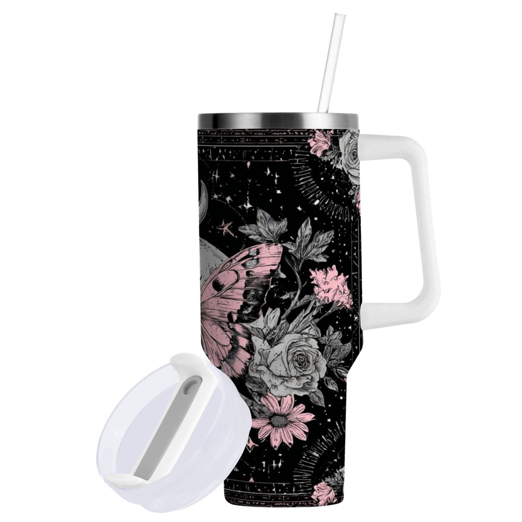 30 oz Insulated Stainless Steel Tumbler Double Wall Stainless Steel Tumbler with 2-Way Drinking Butterfly by Moon and Flowers - AR3P