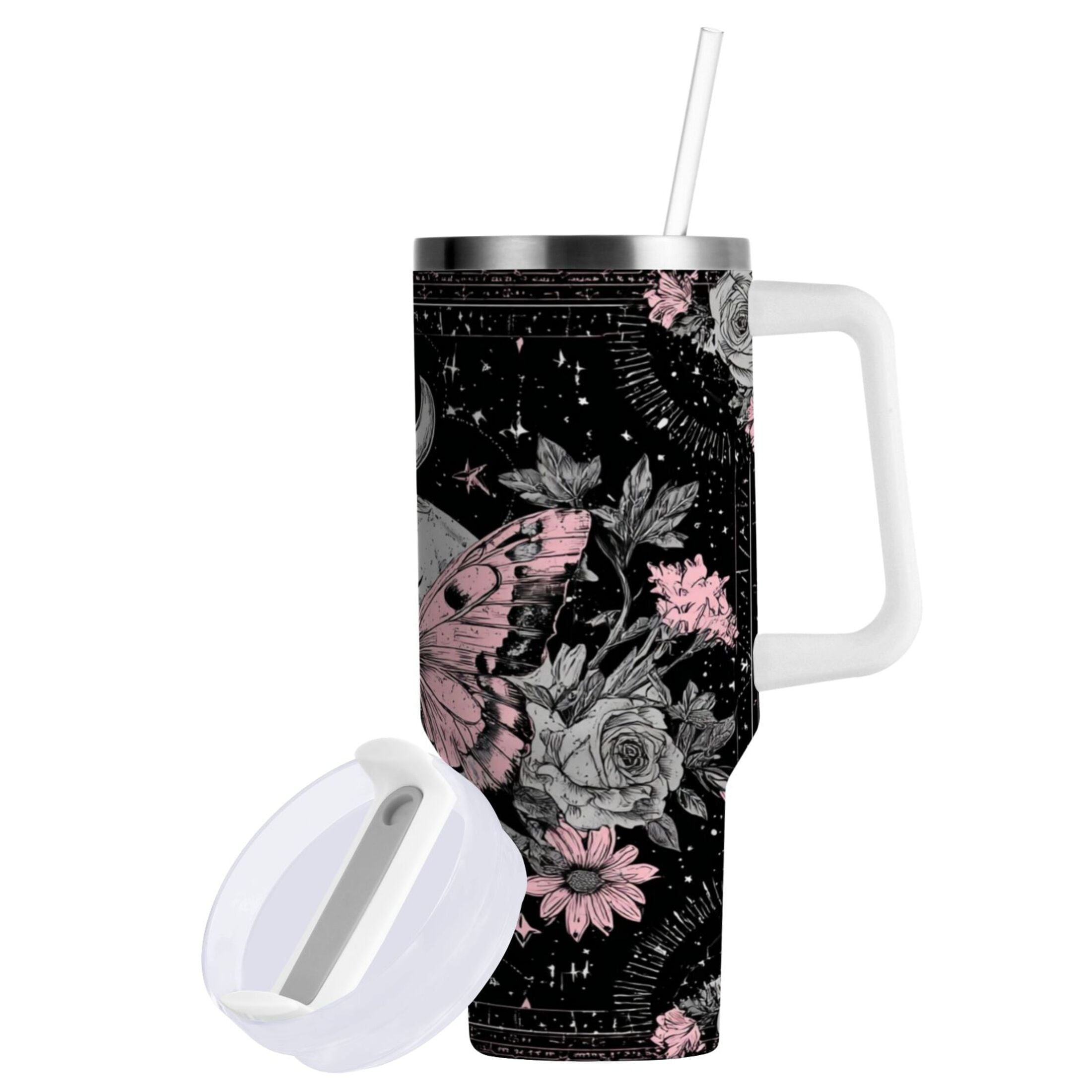 30 oz Insulated Stainless Steel Tumbler Double Wall Stainless Steel Tumbler with 2-Way Drinking Butterfly by Moon and Flowers - AR3P