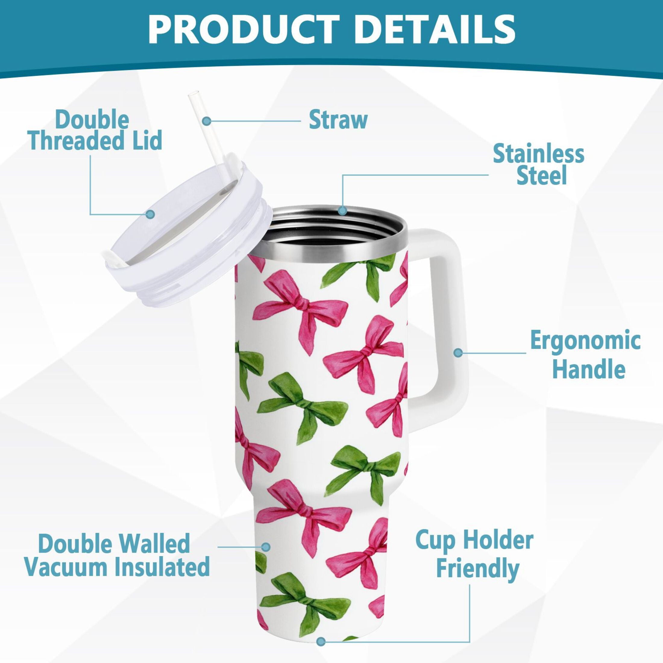 30 oz Insulated Stainless Steel Tumbler Double Wall Stainless Steel Tumbler with 2-Way Drinking Pink Bows and Green Ribbons - I8I8