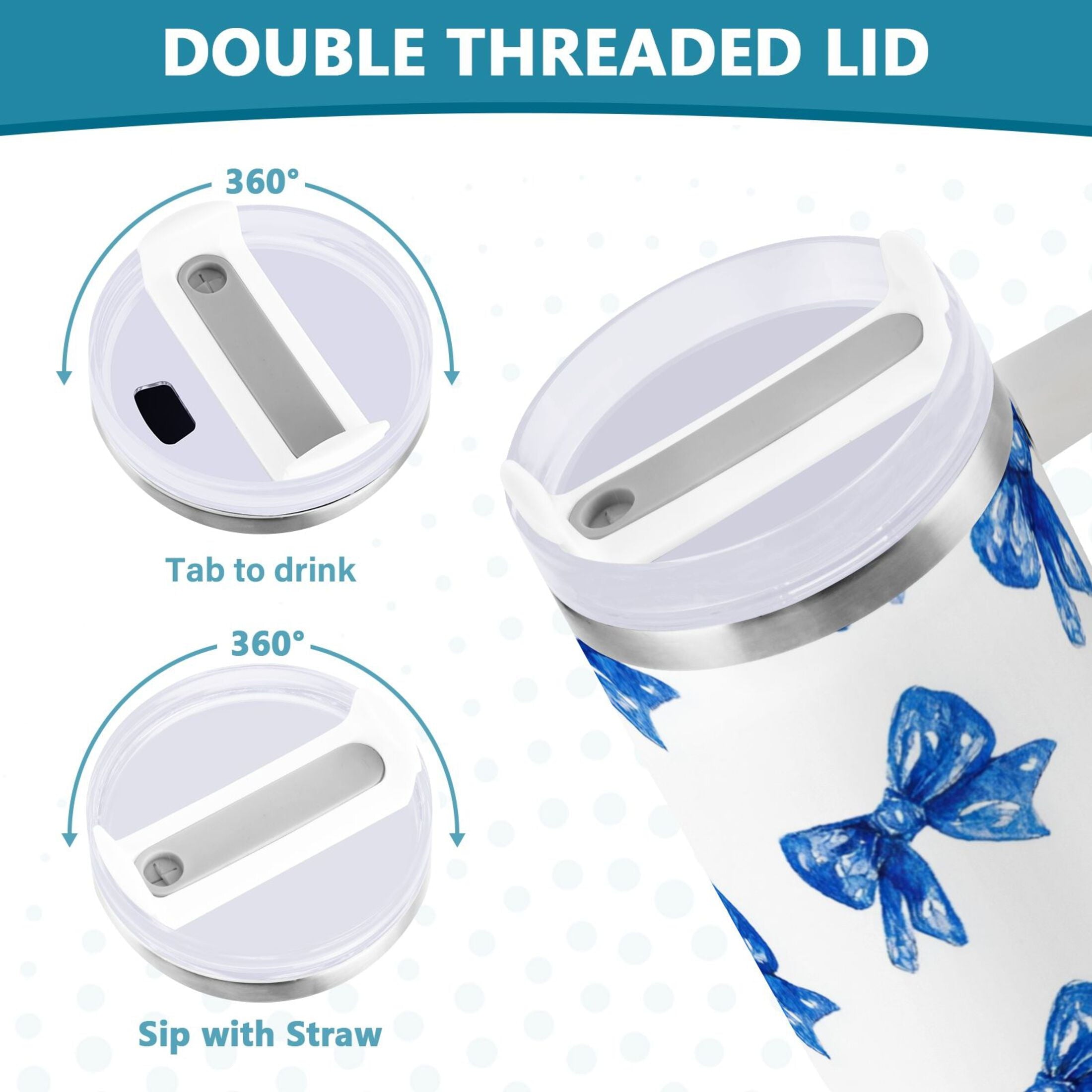 30 oz Insulated Stainless Steel Tumbler Double Wall Stainless Steel Tumbler with 2-Way Drinking Blue Bows Pattern - 3BA5