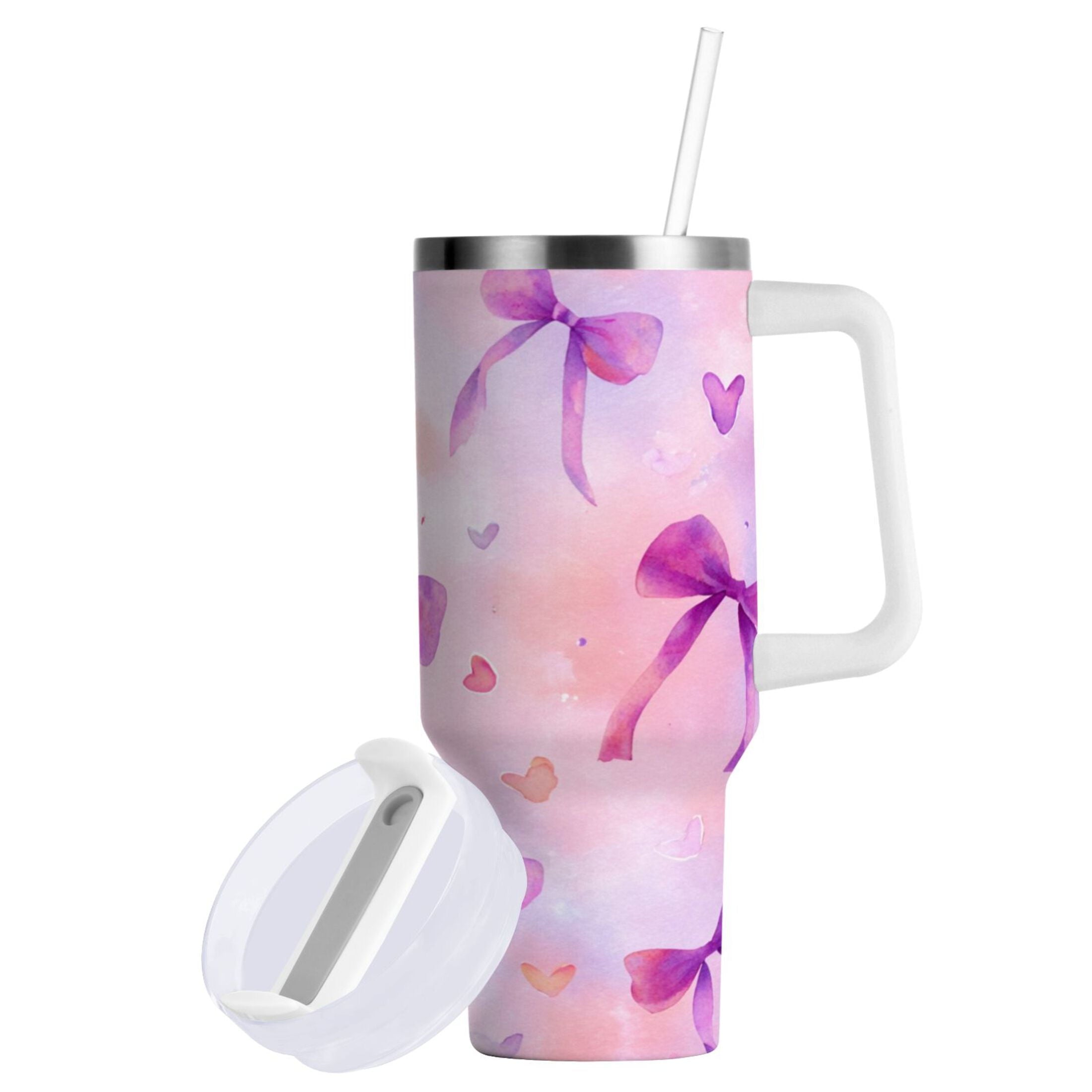 30 oz Insulated Stainless Steel Tumbler Double Wall Stainless Steel Tumbler with 2-Way Drinking Watercolor Purple Bows - Q3ZJ