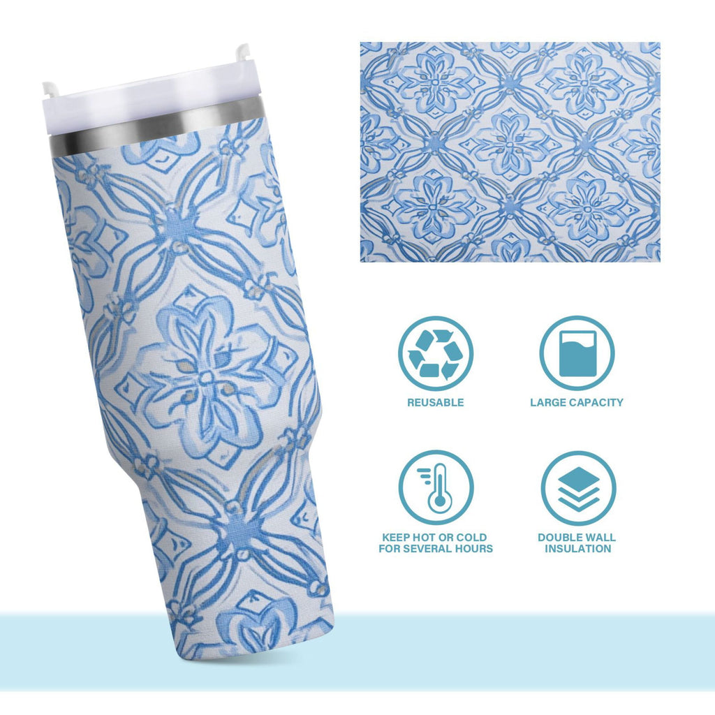 30 oz Insulated Stainless Steel Tumbler Double Wall Stainless Steel Tumbler with 2-Way Drinking Blue Elegant Geometric Design - NFJB