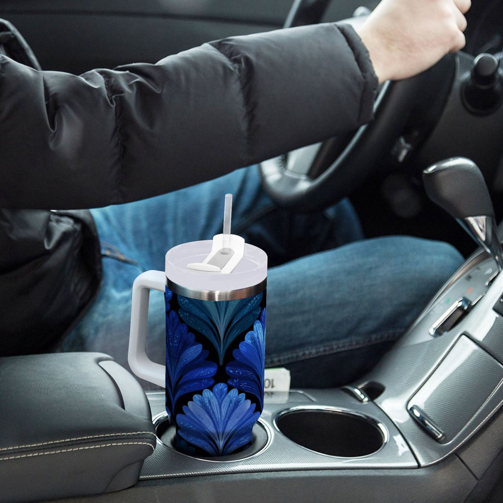 30 oz Insulated Stainless Steel Tumbler Double Wall Stainless Steel Tumbler with 2-Way Drinking Blue Batik Leaves Pattern - HXC9