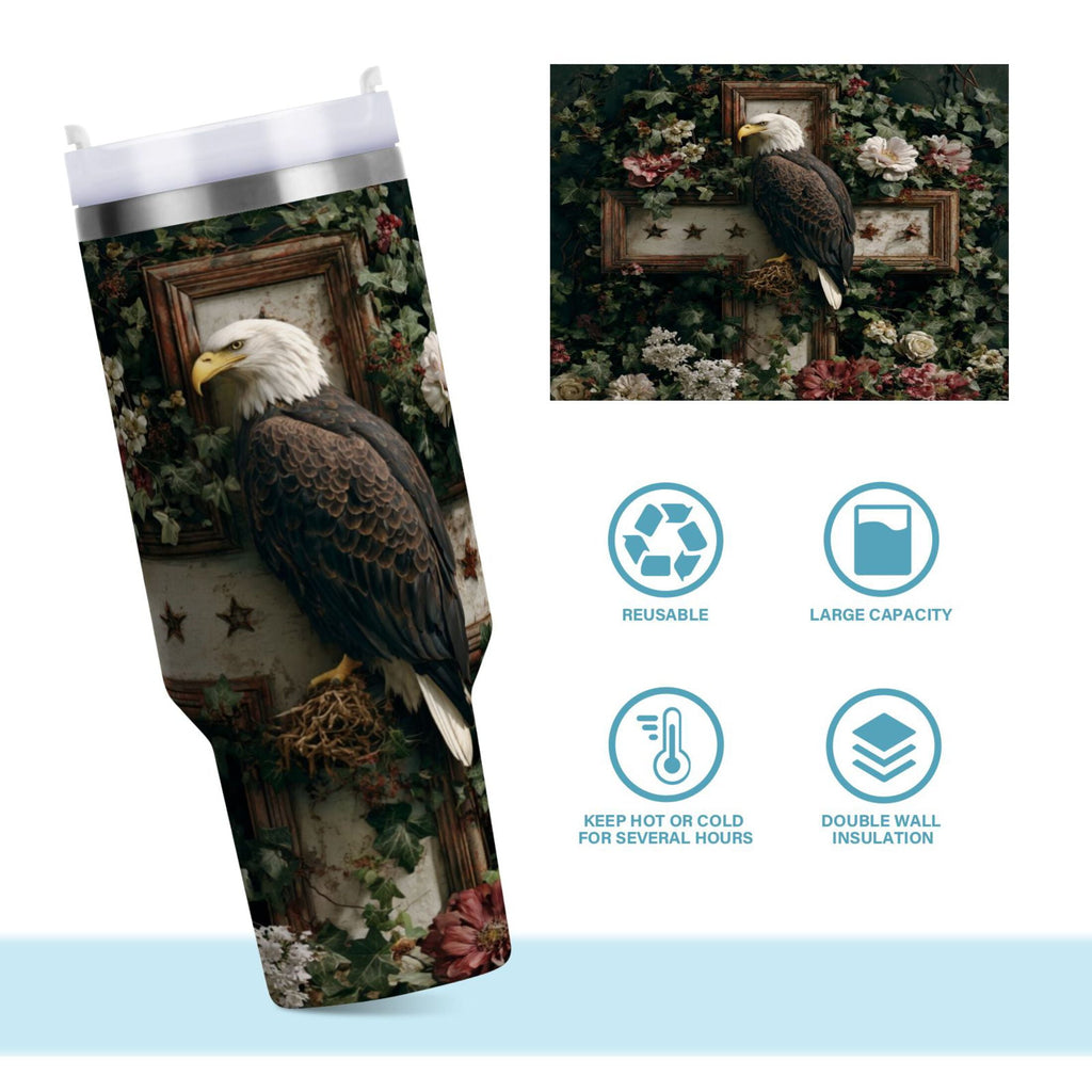 30 oz Insulated Stainless Steel Tumbler Double Wall Stainless Steel Tumbler with 2-Way Drinking Wreath and Bald Eagle - RPQ0