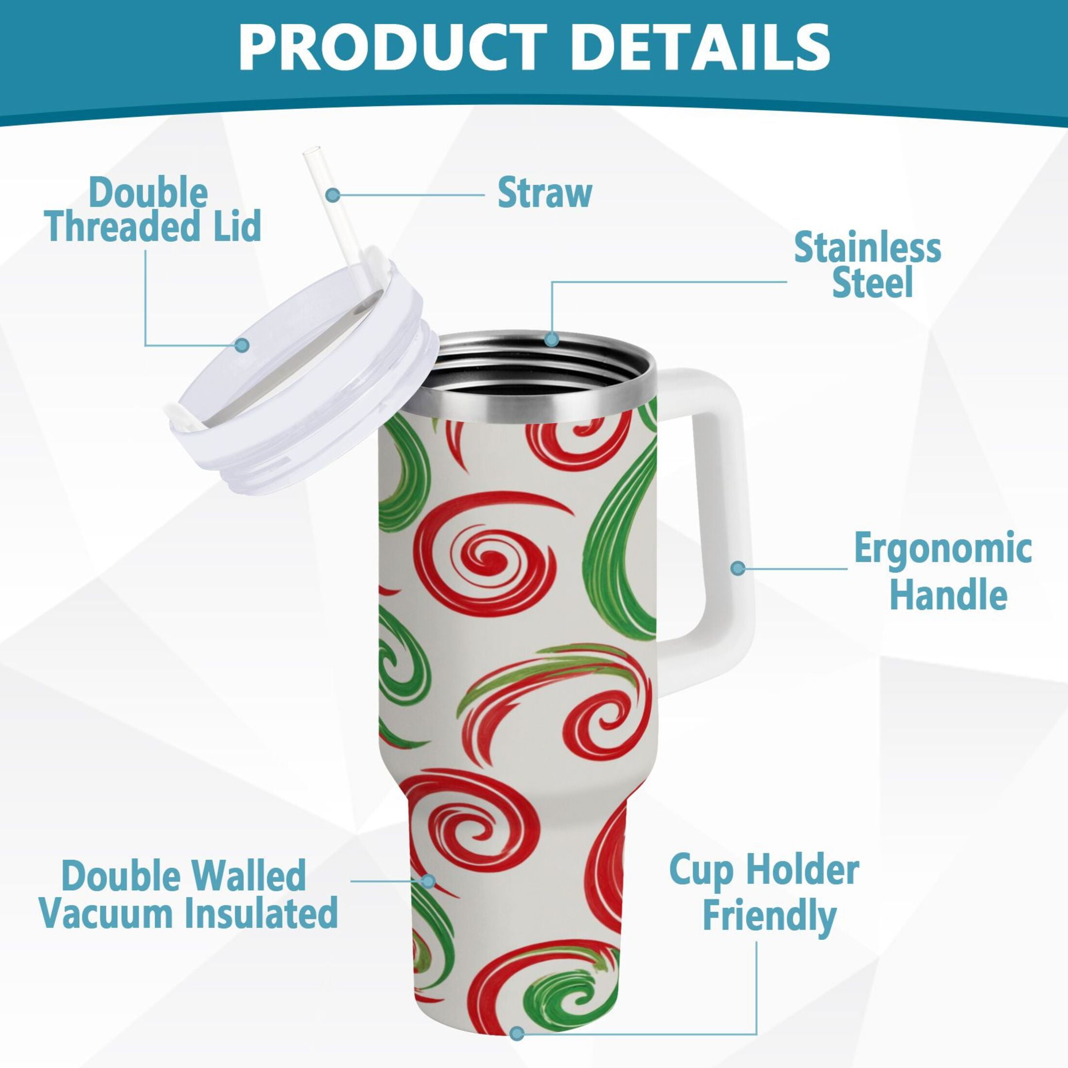 40 oz Insulated Stainless Steel Tumbler Double Wall Stainless Steel Tumbler with 2-Way Drinking Red and Green Swirls - 8DTQ