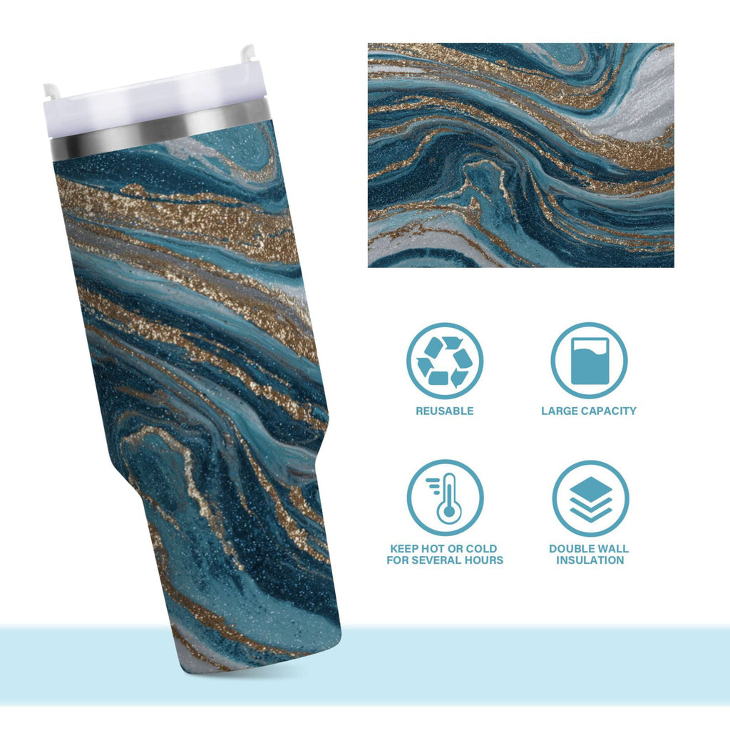 30 oz Insulated Stainless Steel Tumbler Double Wall Stainless Steel Tumbler with 2-Way Drinking Blue and Gold Swirling - 15NK