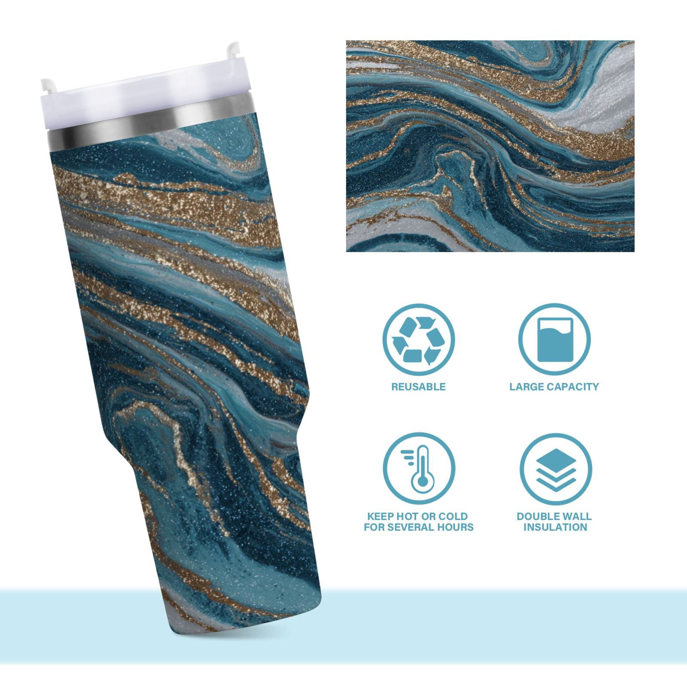 30 oz Insulated Stainless Steel Tumbler Double Wall Stainless Steel Tumbler with 2-Way Drinking Blue and Gold Swirling - 15NK