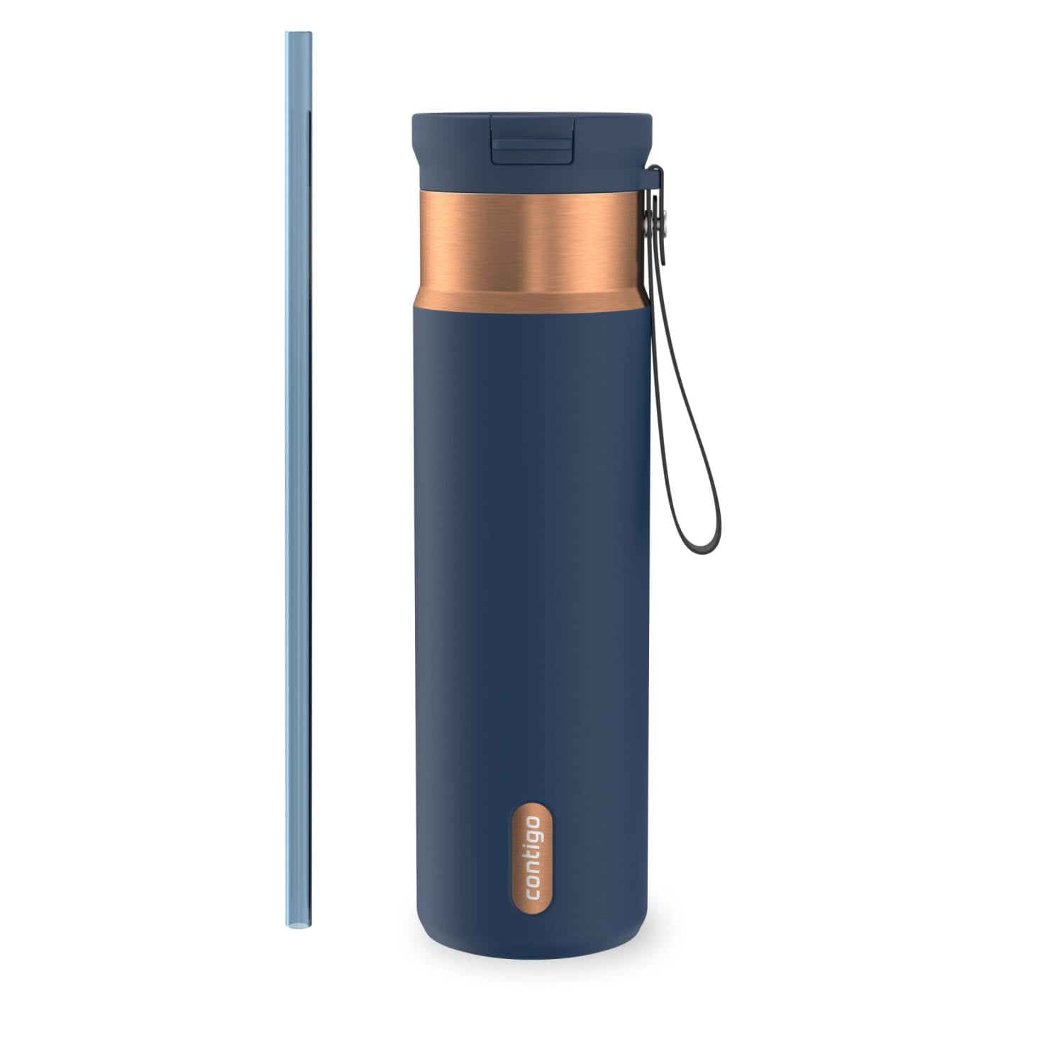 Contigo SnapSeal Leakproof Stainless Steel Reusable Water Bottle with Carrying Strap, Dark Blue/Bronze, 24 oz - 2NSK