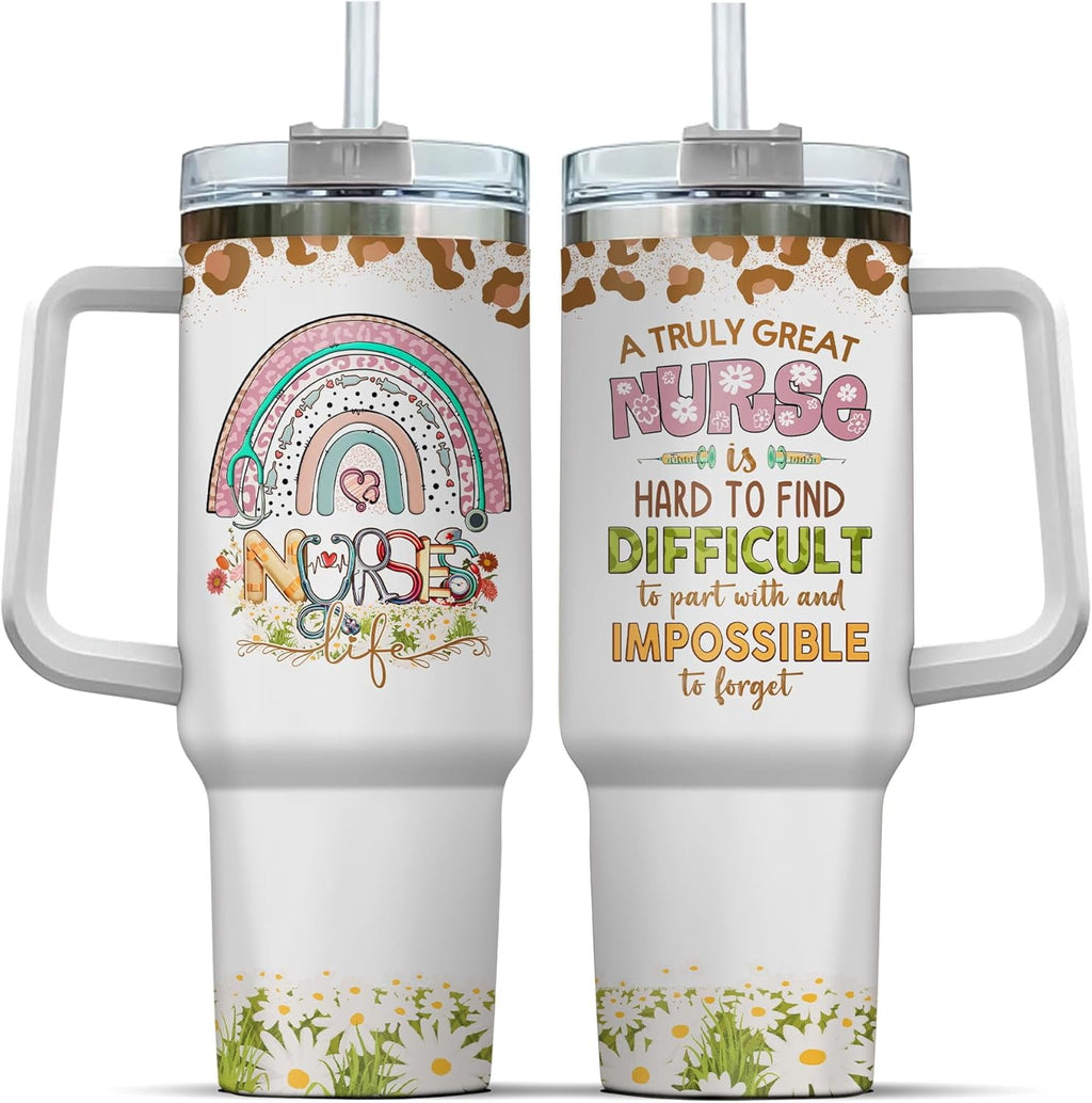 Tumbler 40 Oz With Handle Lid And Straw, Nurse Gifts, Black Camo White Engraved Print Travel Nurses Tumblers Handle Funny Cups Nursing For, Great Nurse Rainbow Daisy Flower - UUWW