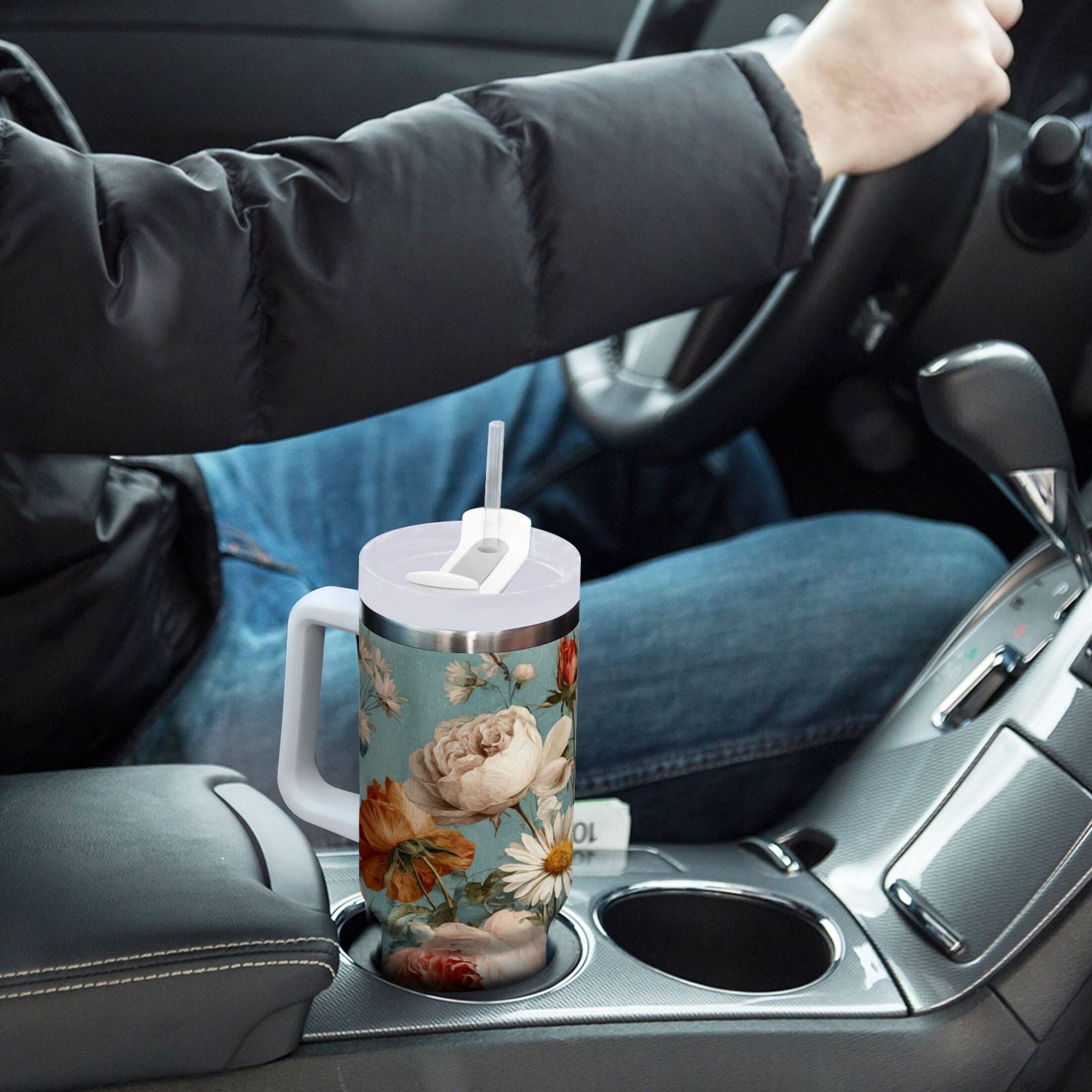 30 oz Insulated Stainless Steel Tumbler Double Wall Stainless Steel Tumbler with 2-Way Drinking Vintage Roses and Peonies - EK50