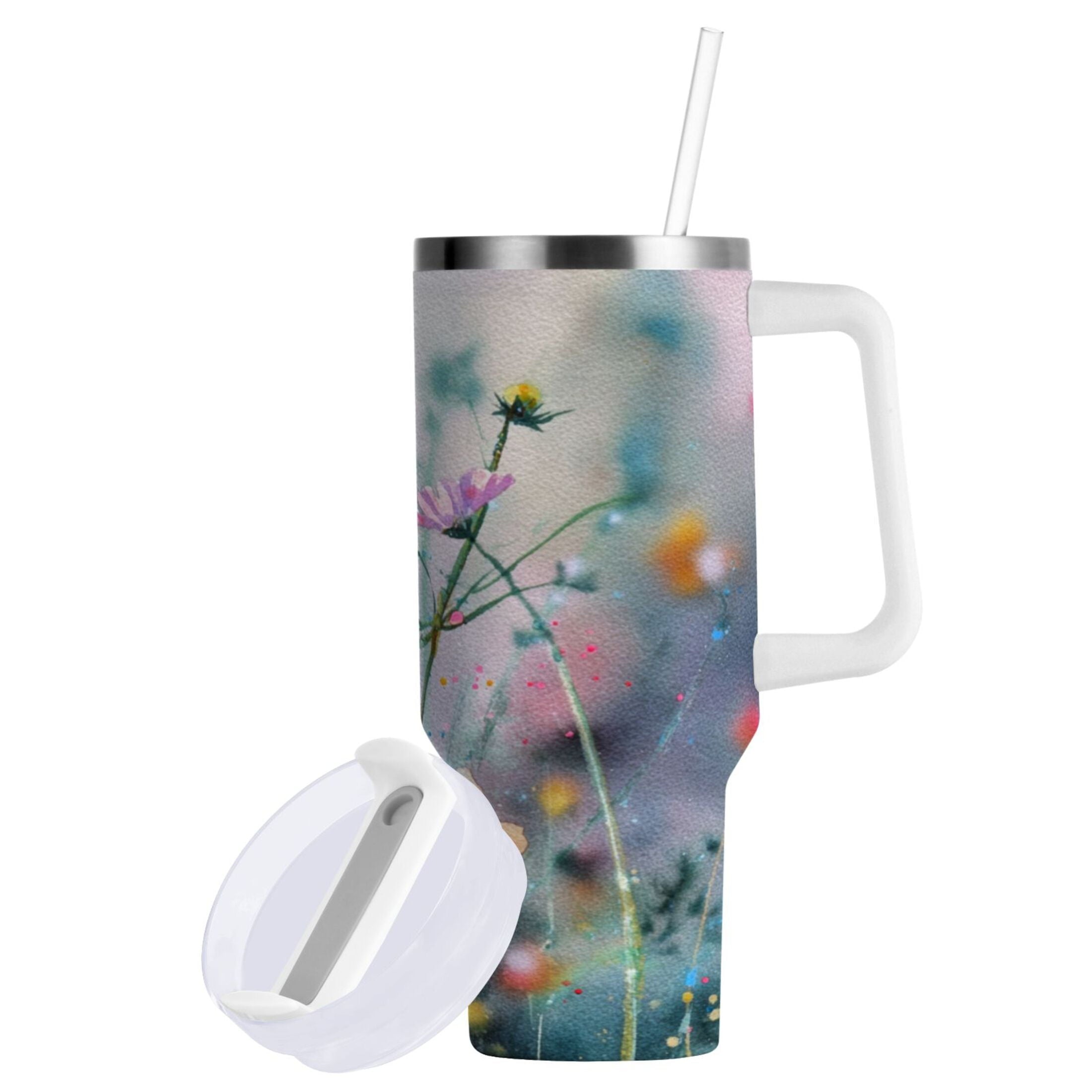 40 oz Insulated Stainless Steel Tumbler Double Wall Stainless Steel Tumbler with 2-Way Drinking Abstract Wildflowers - B83F