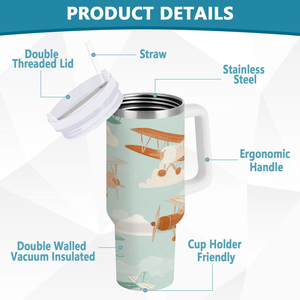 40 oz Insulated Stainless Steel Tumbler Double Wall Stainless Steel Tumbler with 2-Way Drinking Cute Airplanes - PQO3
