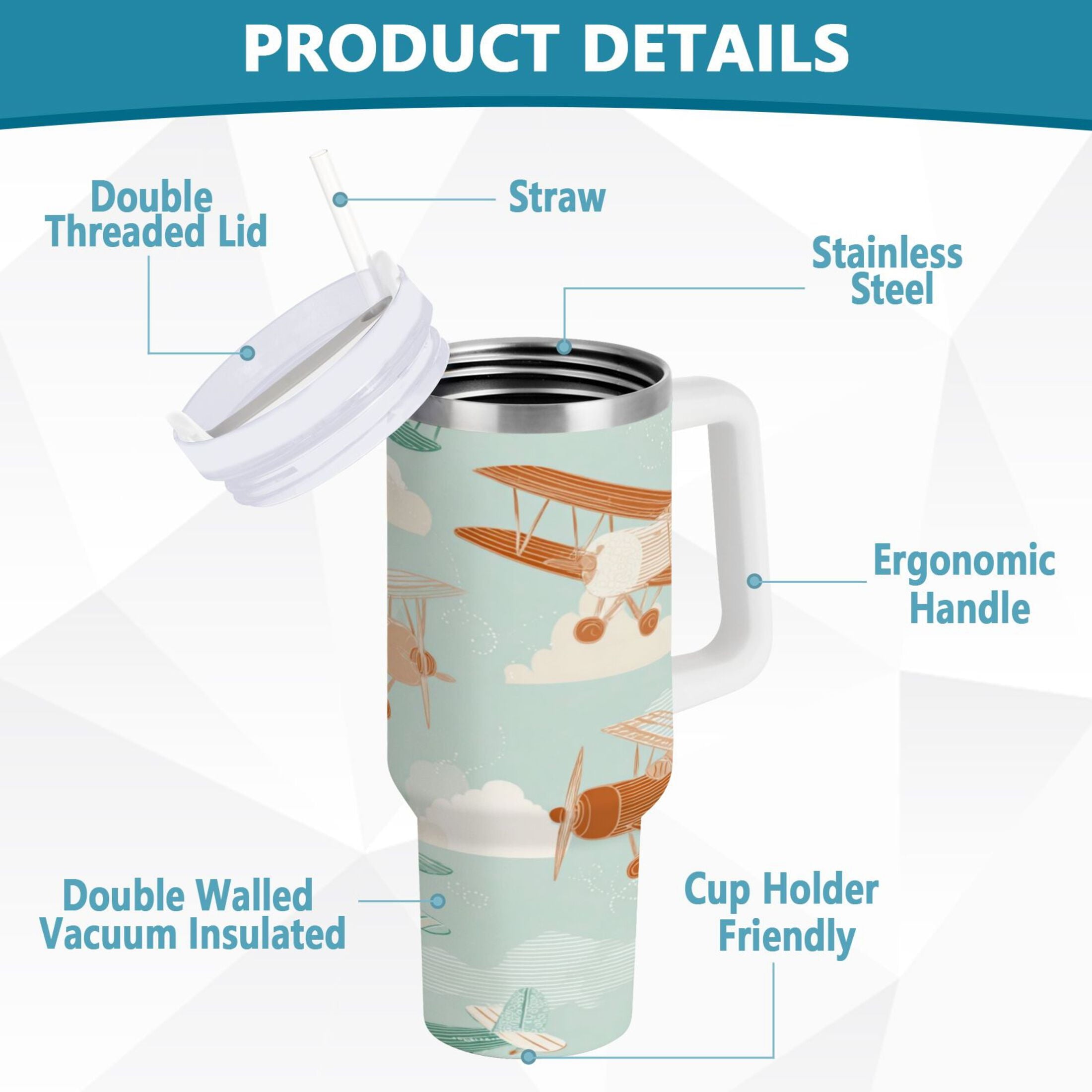 40 oz Insulated Stainless Steel Tumbler Double Wall Stainless Steel Tumbler with 2-Way Drinking Cute Airplanes - PQO3