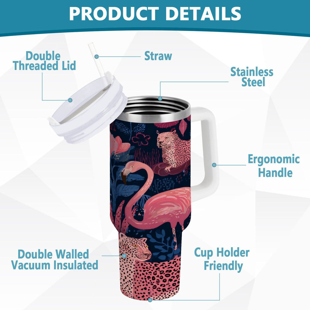 30 oz Insulated Stainless Steel Tumbler Double Wall Stainless Steel Tumbler with 2-Way Drinking Flamingos and Leopard Print - R10E