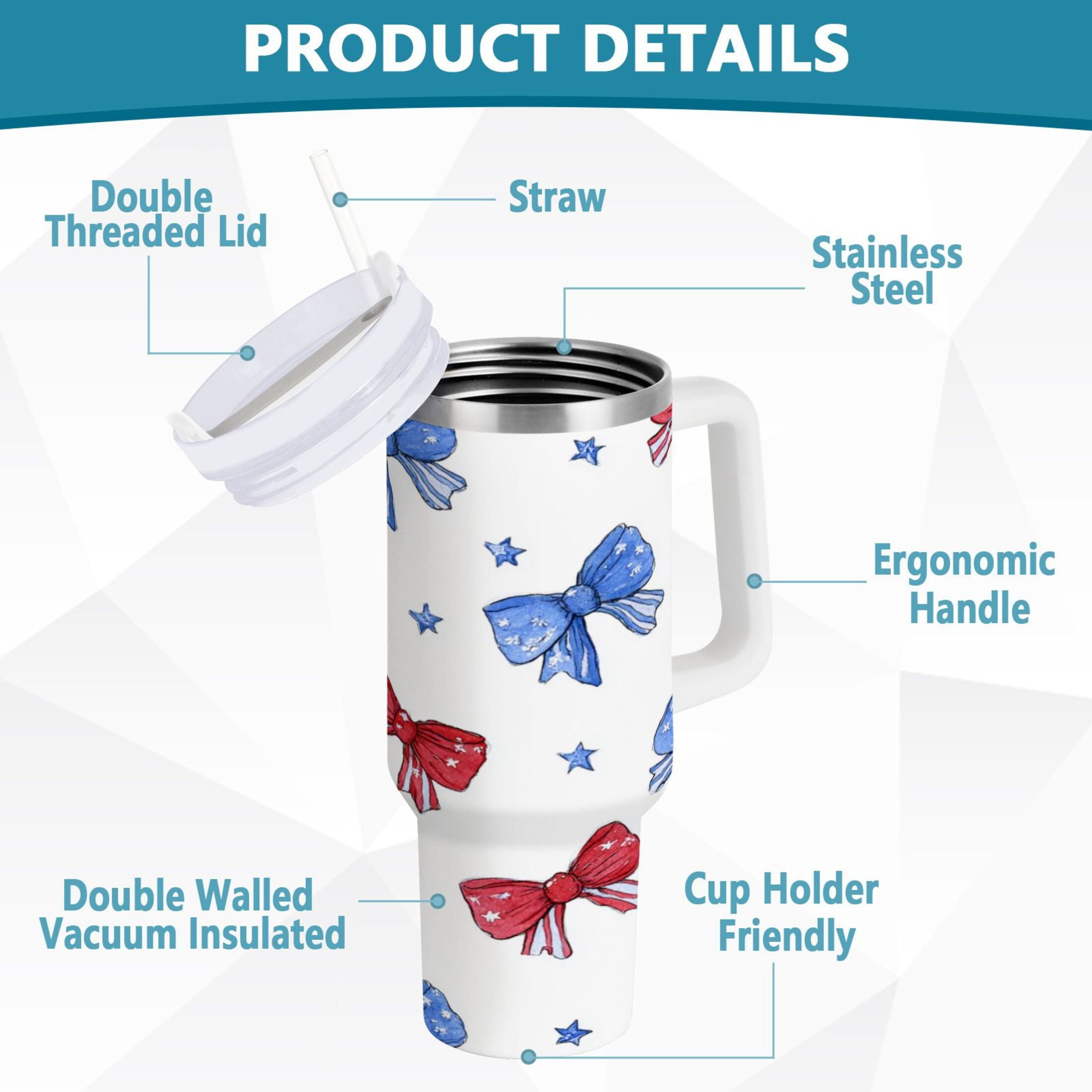 40 oz Insulated Stainless Steel Tumbler Double Wall Stainless Steel Tumbler with 2-Way Drinking Hand-drawn Bows - W63P