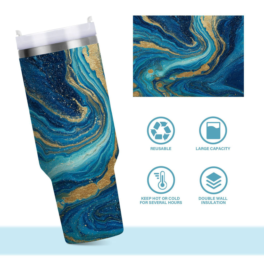 30 oz Insulated Stainless Steel Tumbler Double Wall Stainless Steel Tumbler with 2-Way Drinking Blue and Gold Ocean - WF2D