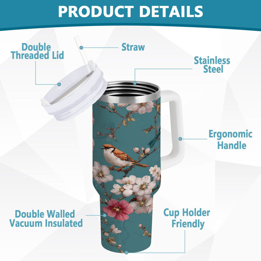30 oz Insulated Stainless Steel Tumbler Double Wall Stainless Steel Tumbler with 2-Way Drinking Birds and Cherry Pattern - I5FV