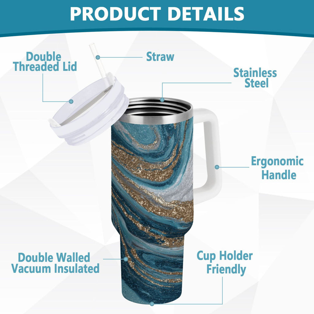 30 oz Insulated Stainless Steel Tumbler Double Wall Stainless Steel Tumbler with 2-Way Drinking Blue and Gold Swirling - 15NK