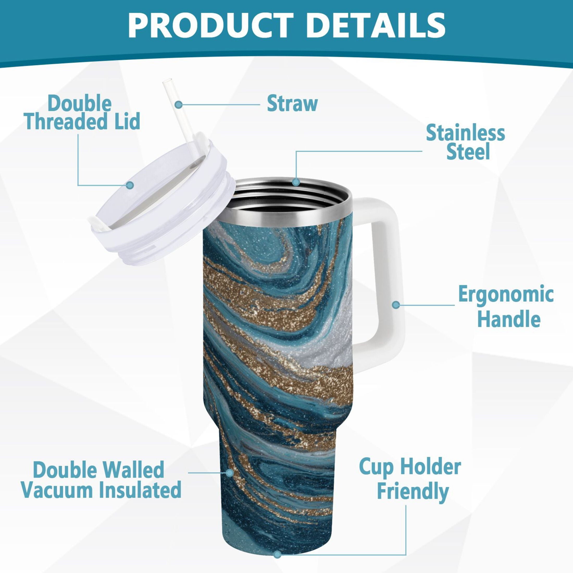 30 oz Insulated Stainless Steel Tumbler Double Wall Stainless Steel Tumbler with 2-Way Drinking Blue and Gold Swirling - 15NK