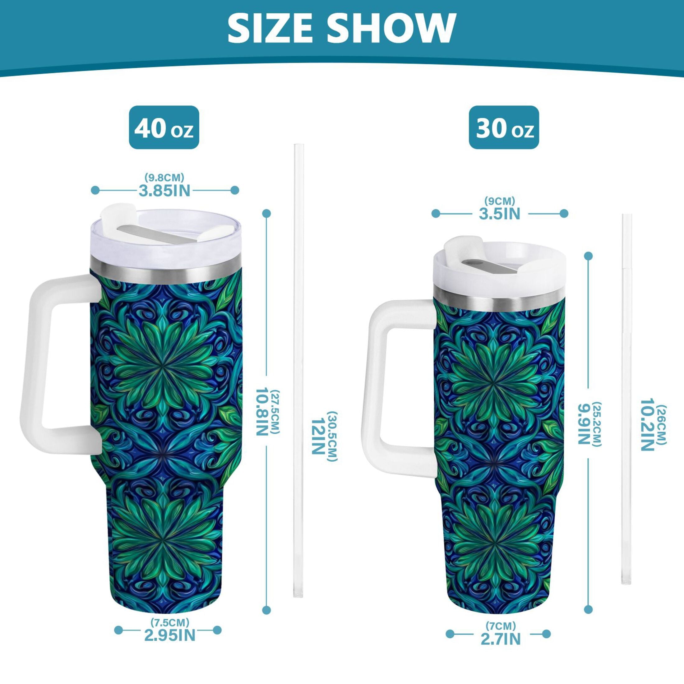 40 oz Insulated Stainless Steel Tumbler Double Wall Stainless Steel Tumbler with 2-Way Drinking Elegant Blue Traditional Patterns - W90O
