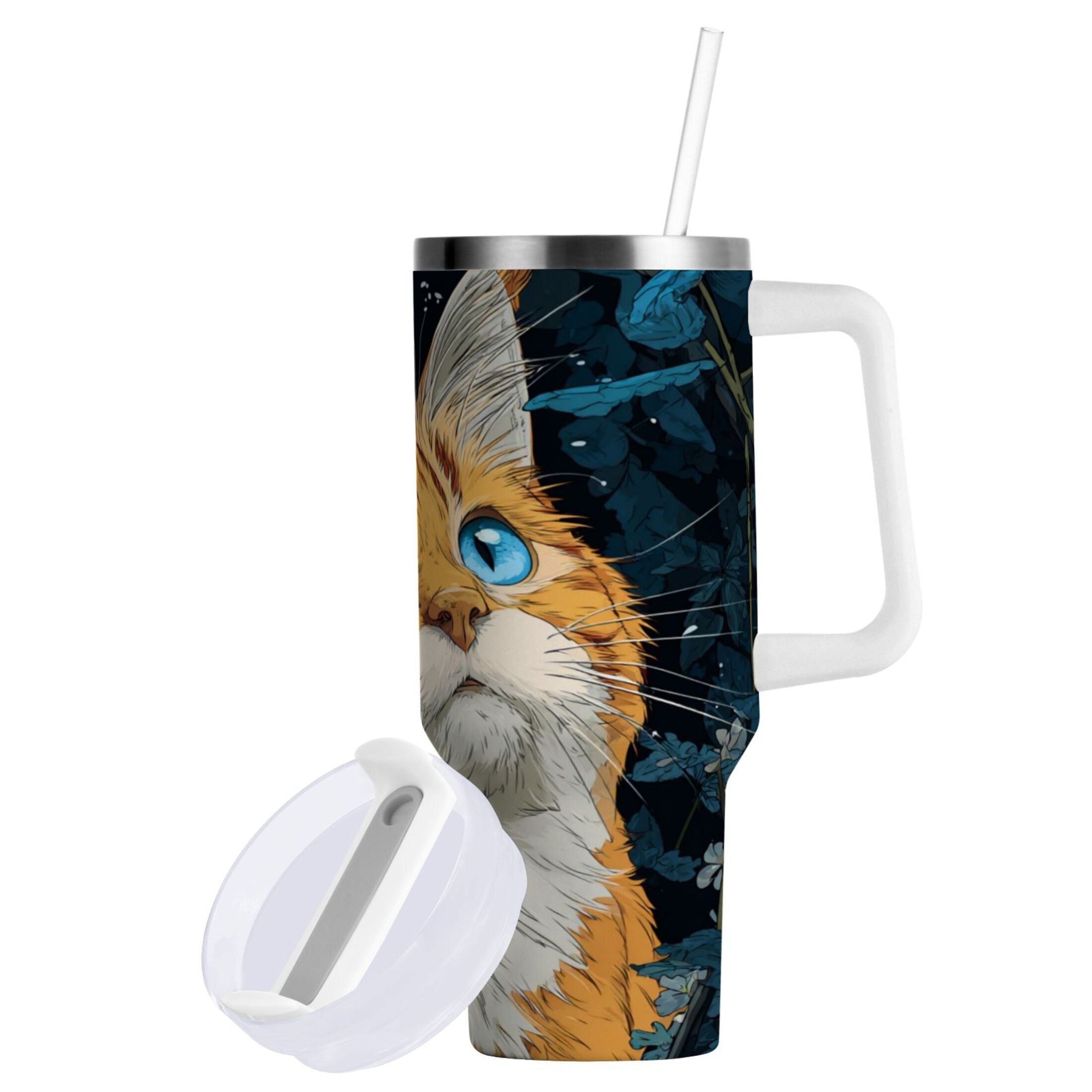 30 oz Insulated Stainless Steel Tumbler Double Wall Stainless Steel Tumbler with 2-Way Drinking Orange Cat with Blue Eyes - PSJO