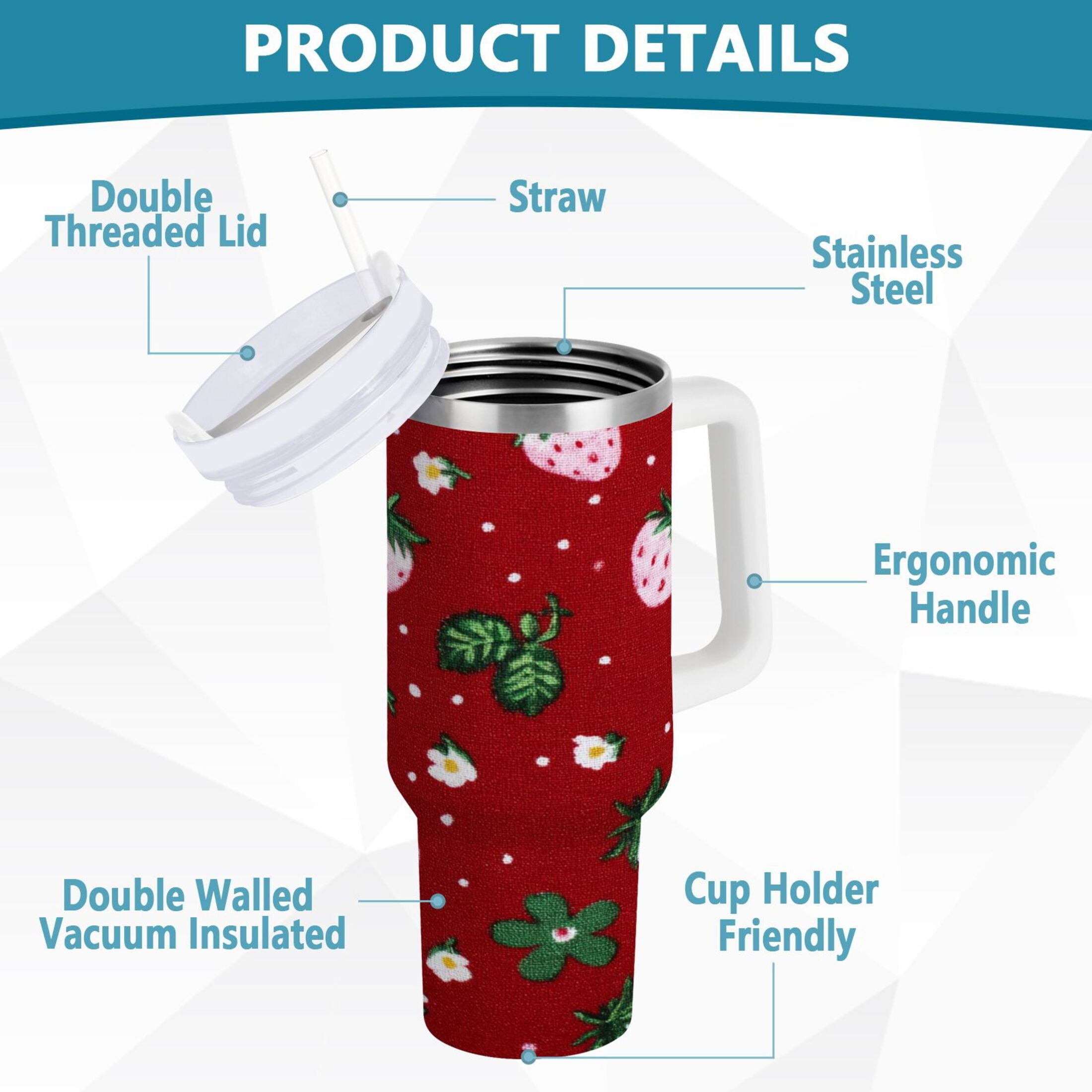 30 oz Insulated Stainless Steel Tumbler Double Wall Stainless Steel Tumbler with 2-Way Drinking Cute Pink Strawberry Pattern - 4476